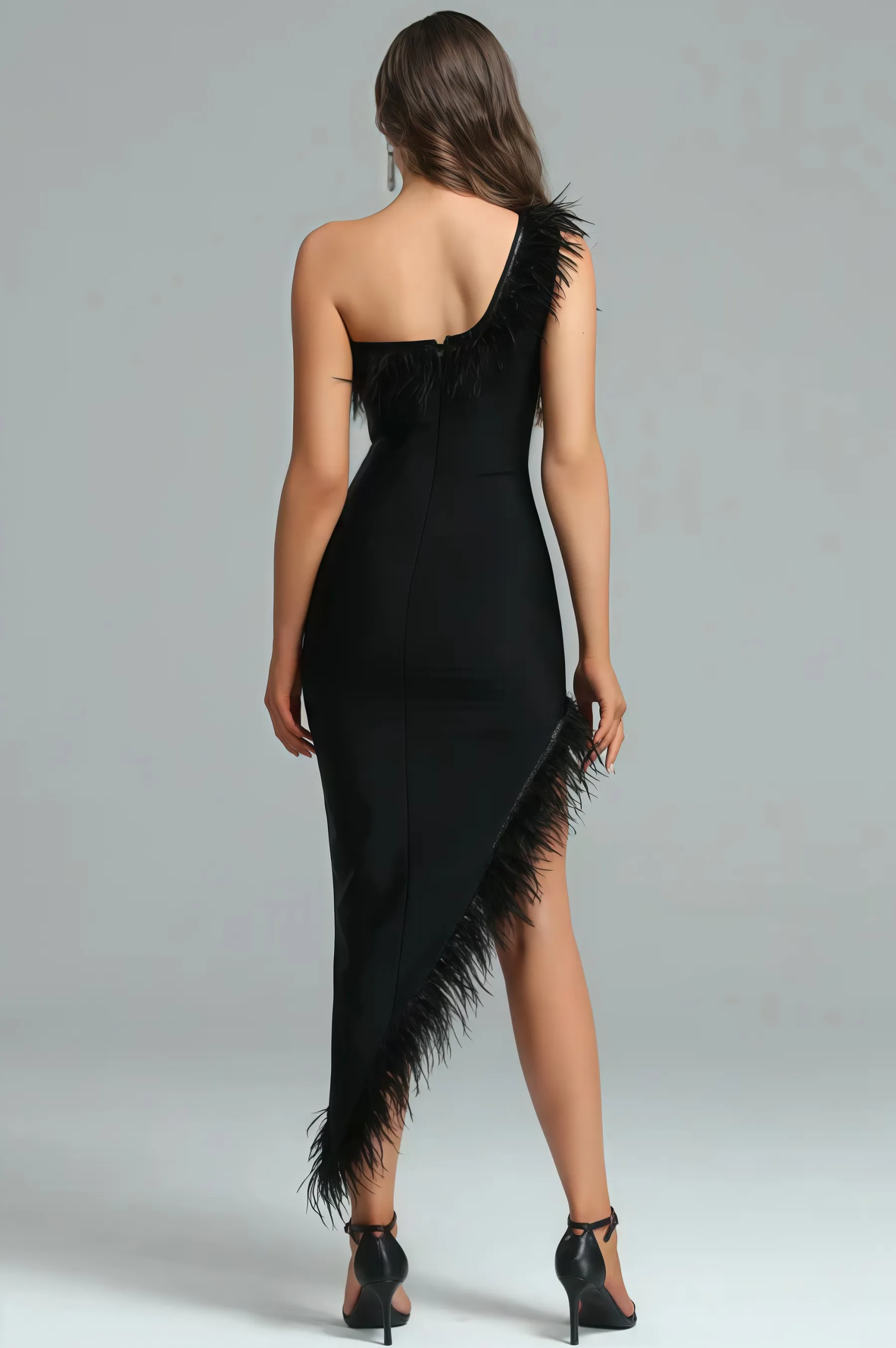 Oswald Feather Trim Bandage Midi Dress
