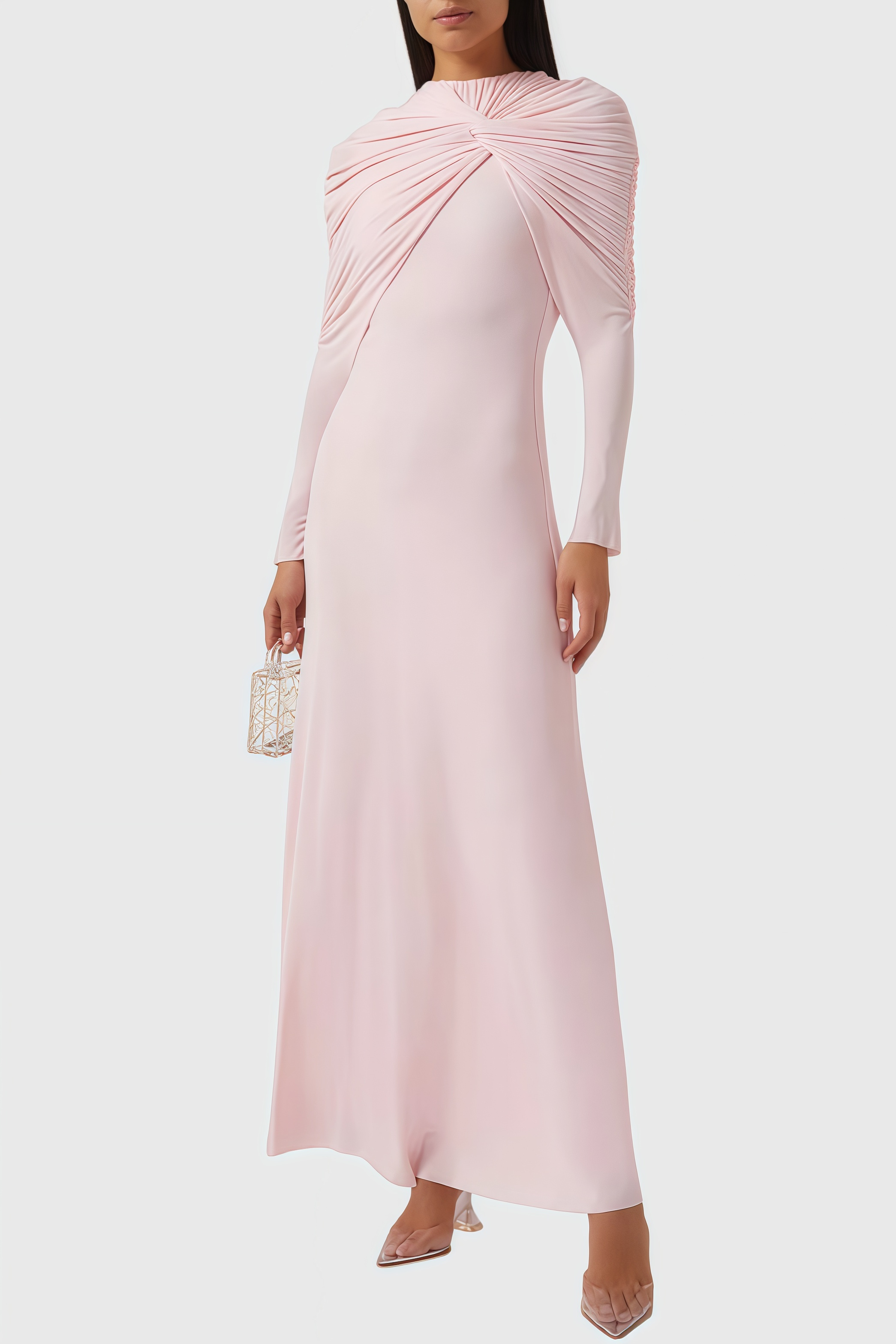 Greelk Pink Long Sleeve Pleated Maxi Dress