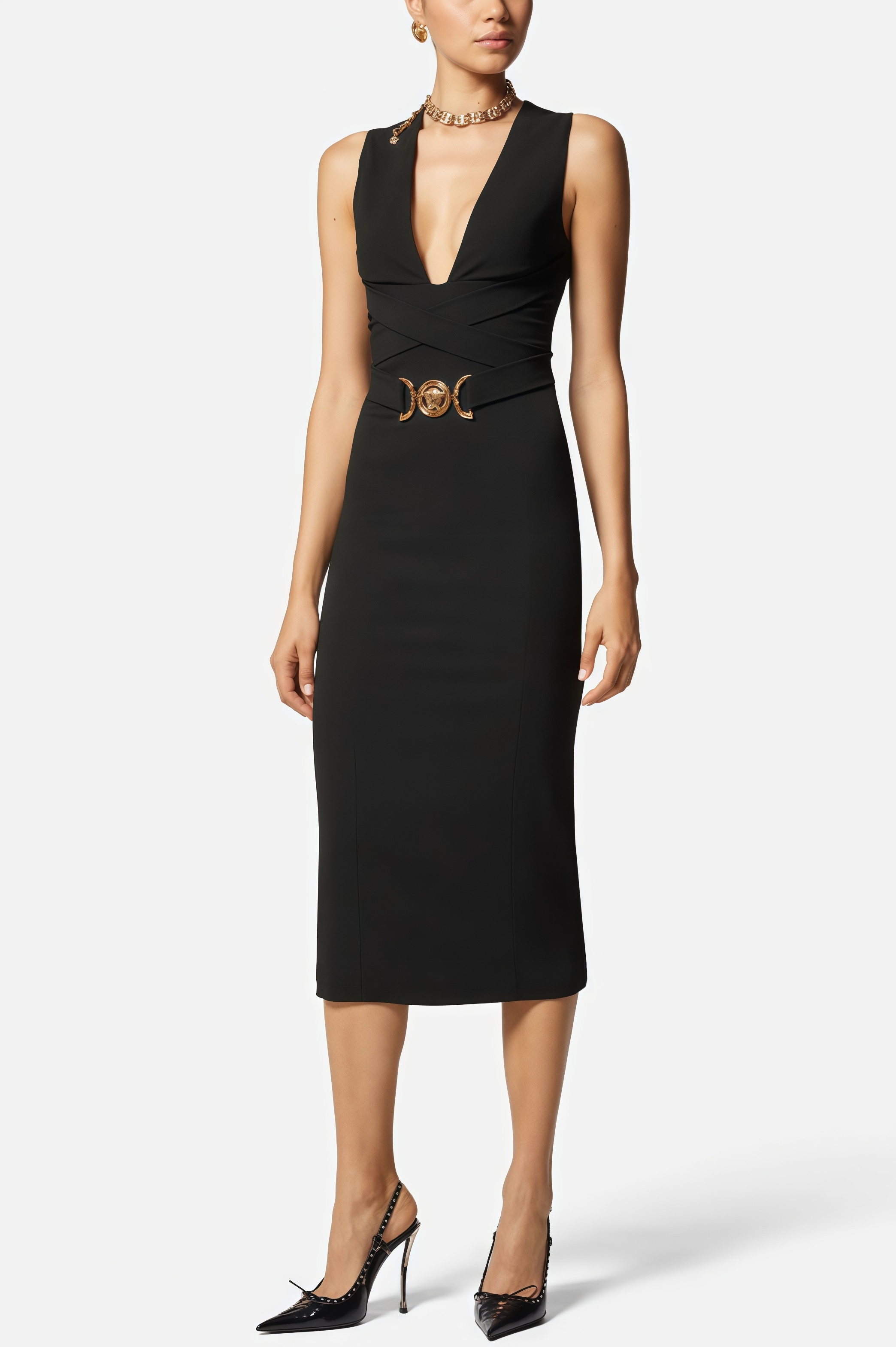 Noric Black V-Neck Bandage Midi Dress
