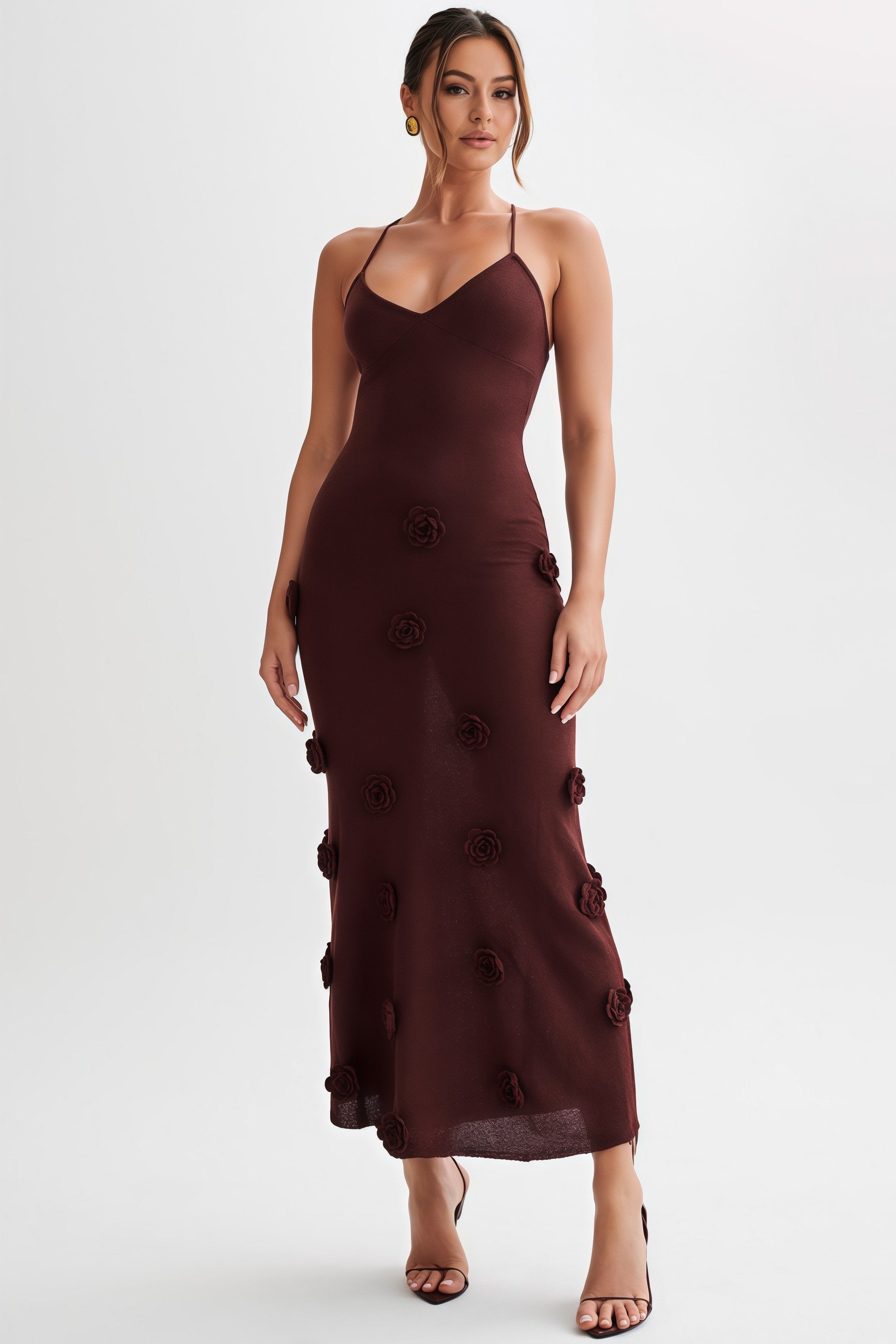 Riven Brown Floral Knit Maxi Dress