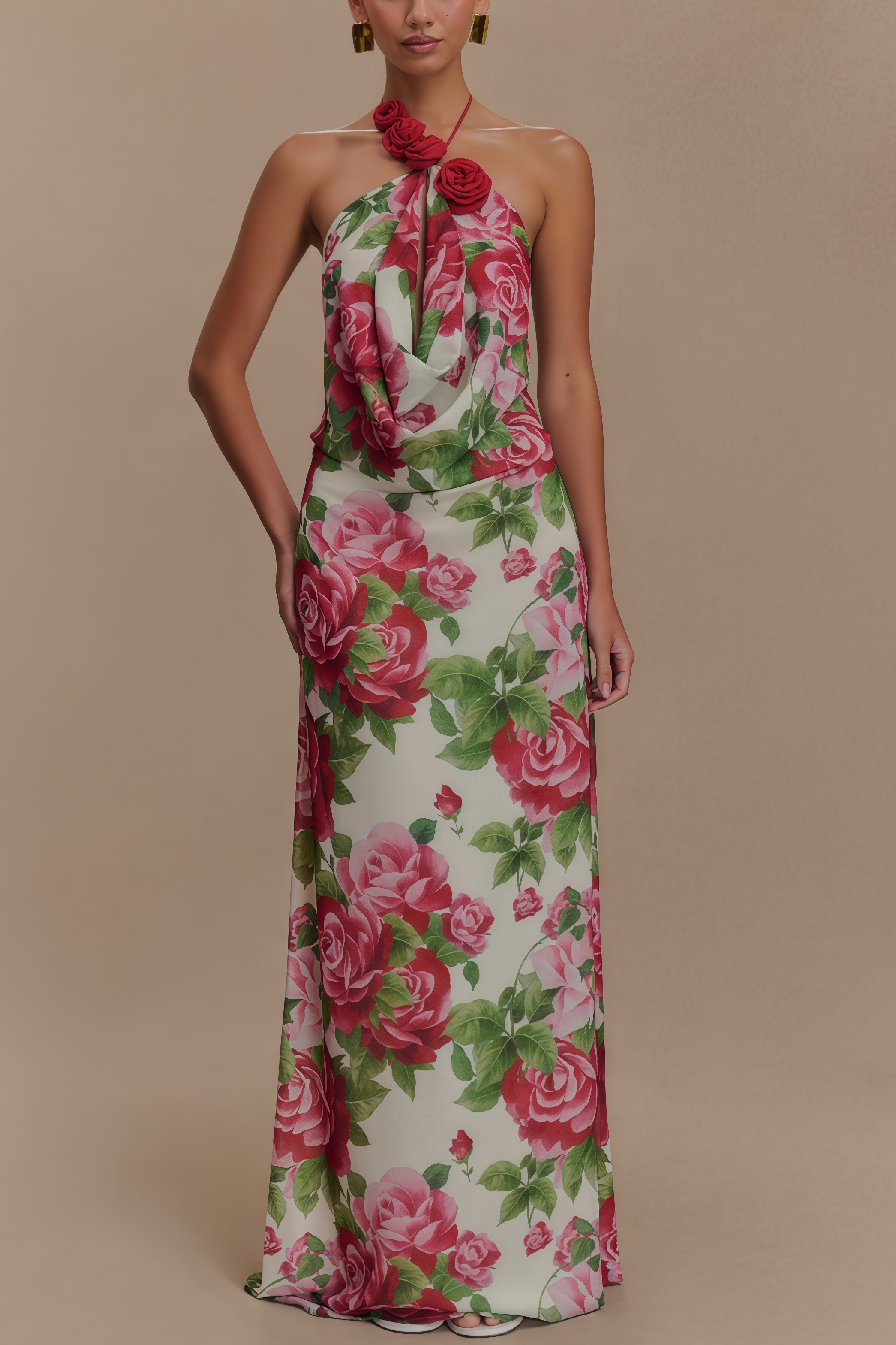 Ysraela Cowl Neck 3D Floral Maxi Dress