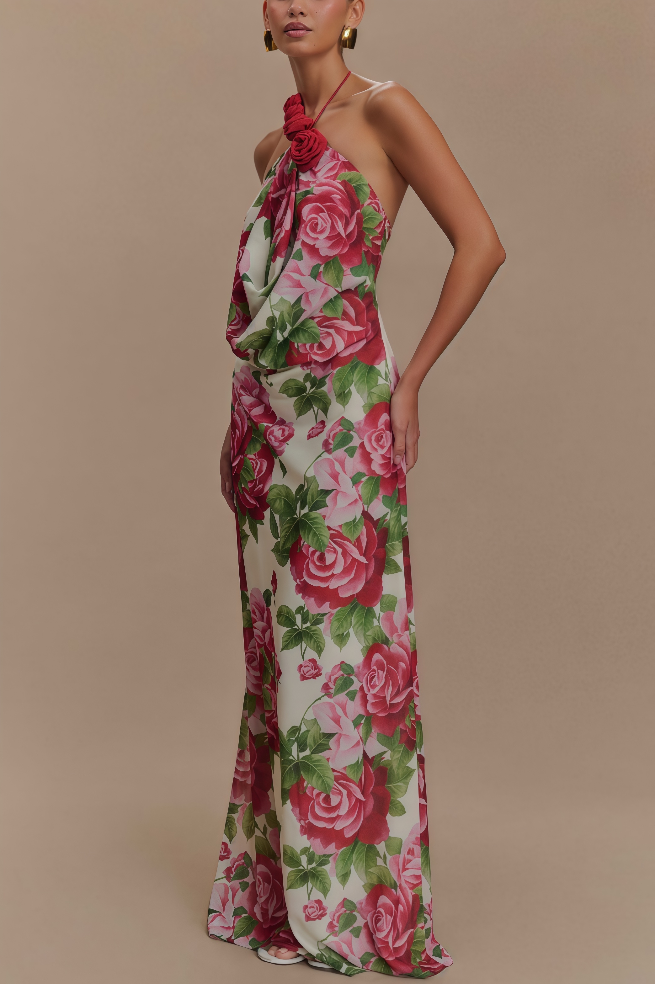 Ysraela Cowl Neck 3D Floral Maxi Dress