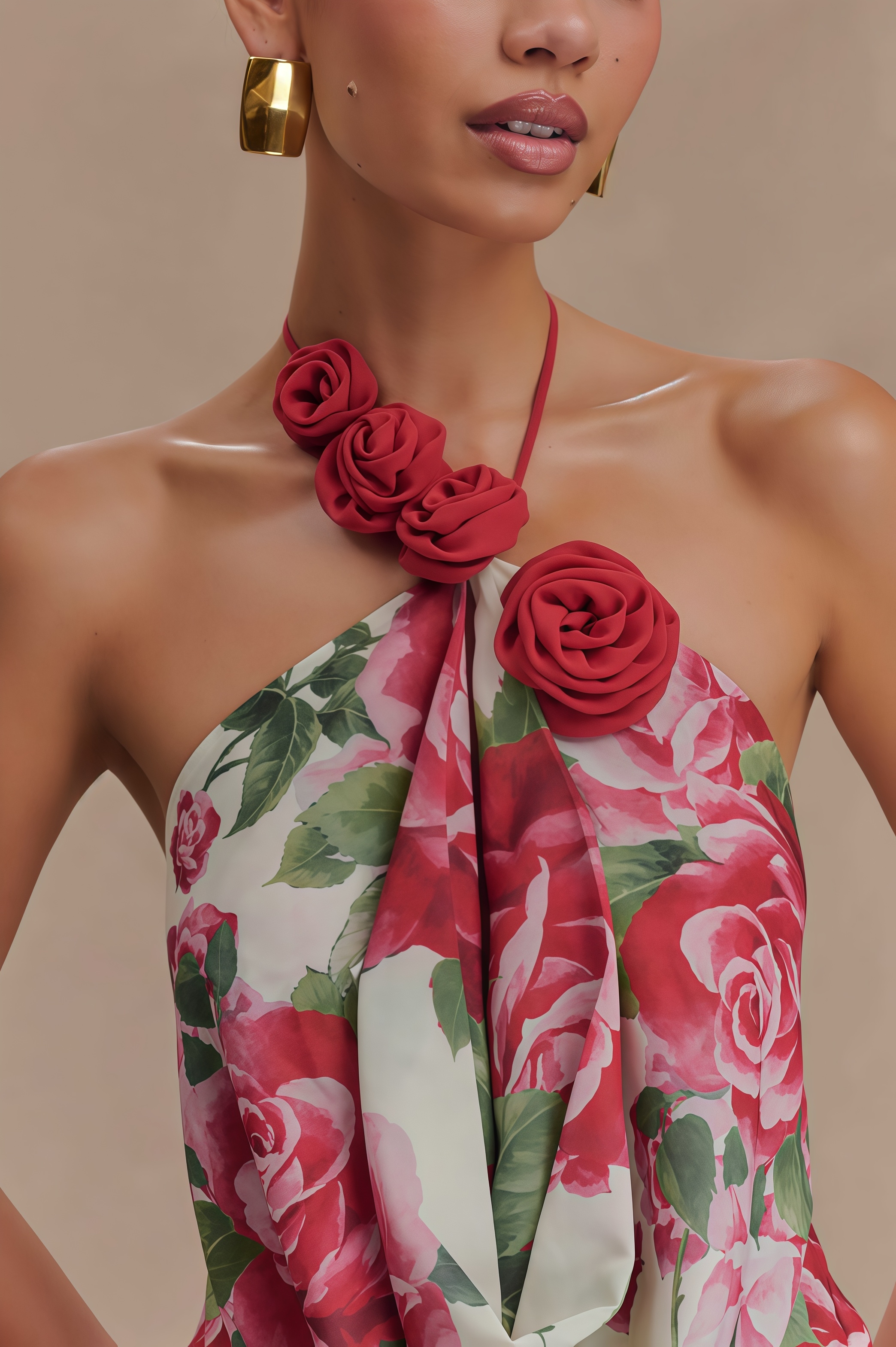 Ysraela Cowl Neck 3D Floral Maxi Dress