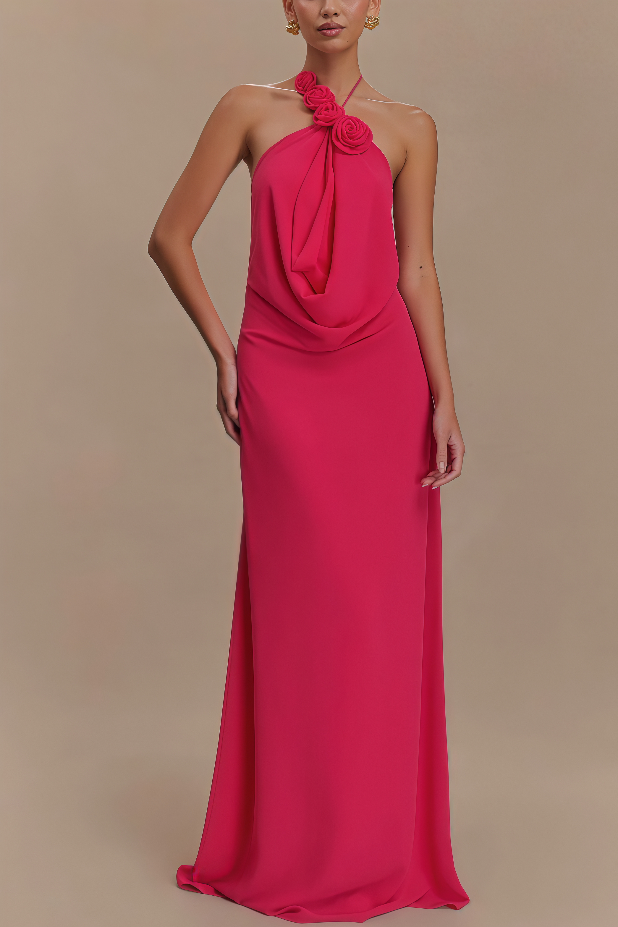 Penel Cowl Neck 3D Flower Maxi Dress