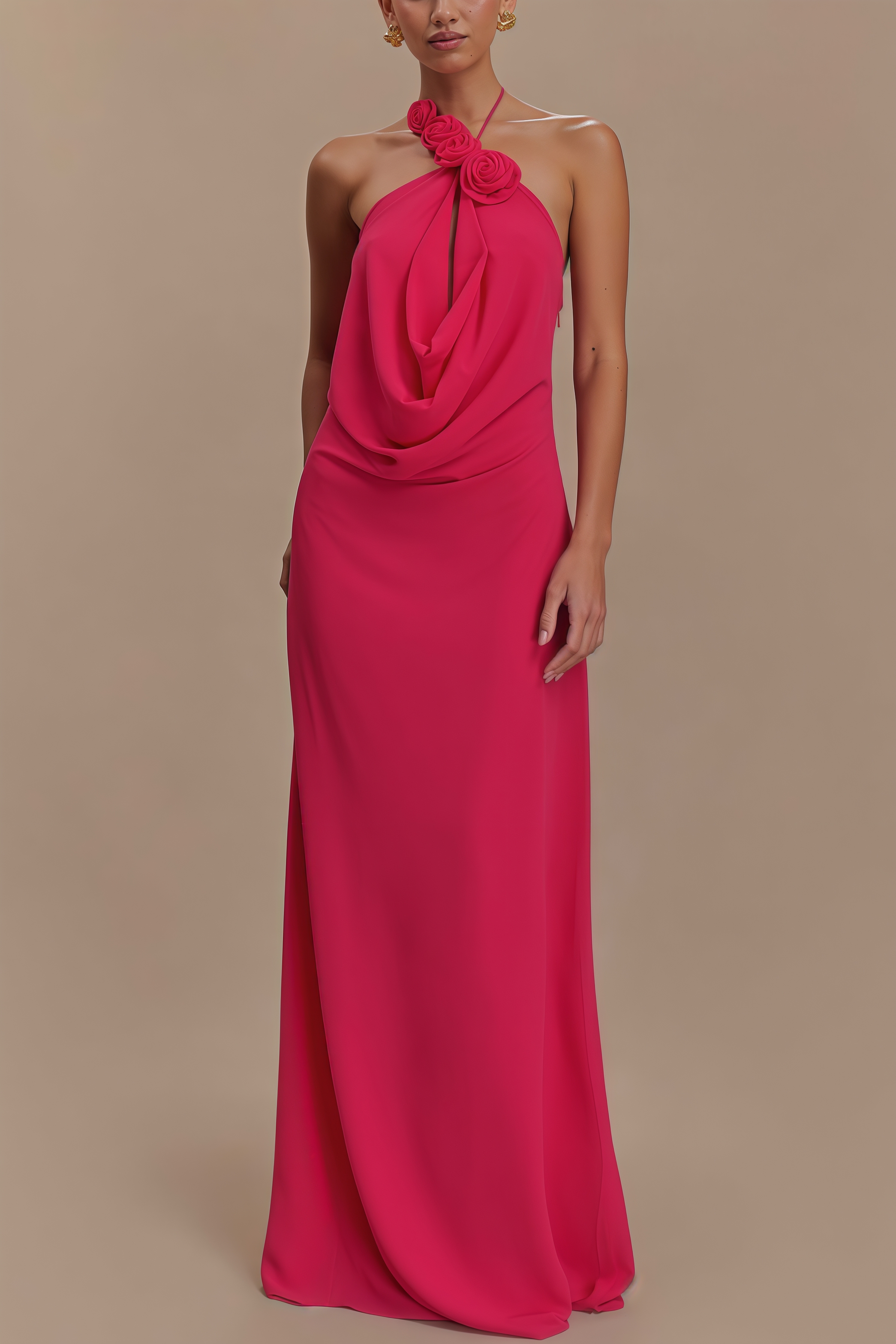 Penel Cowl Neck 3D Flower Maxi Dress
