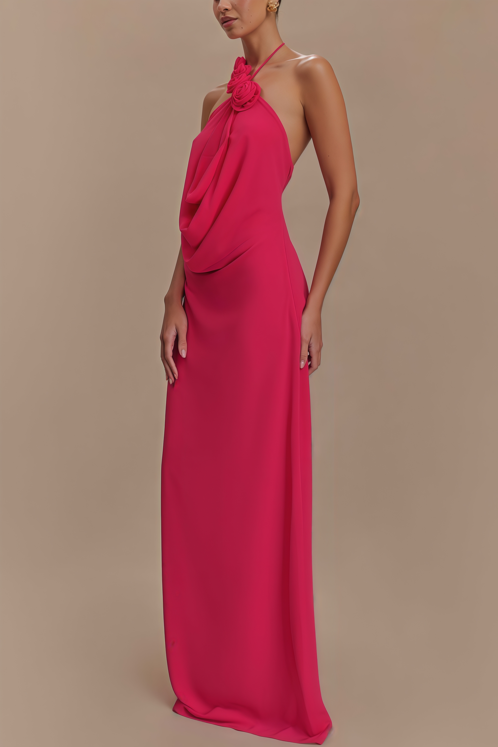 Penel Cowl Neck 3D Flower Maxi Dress