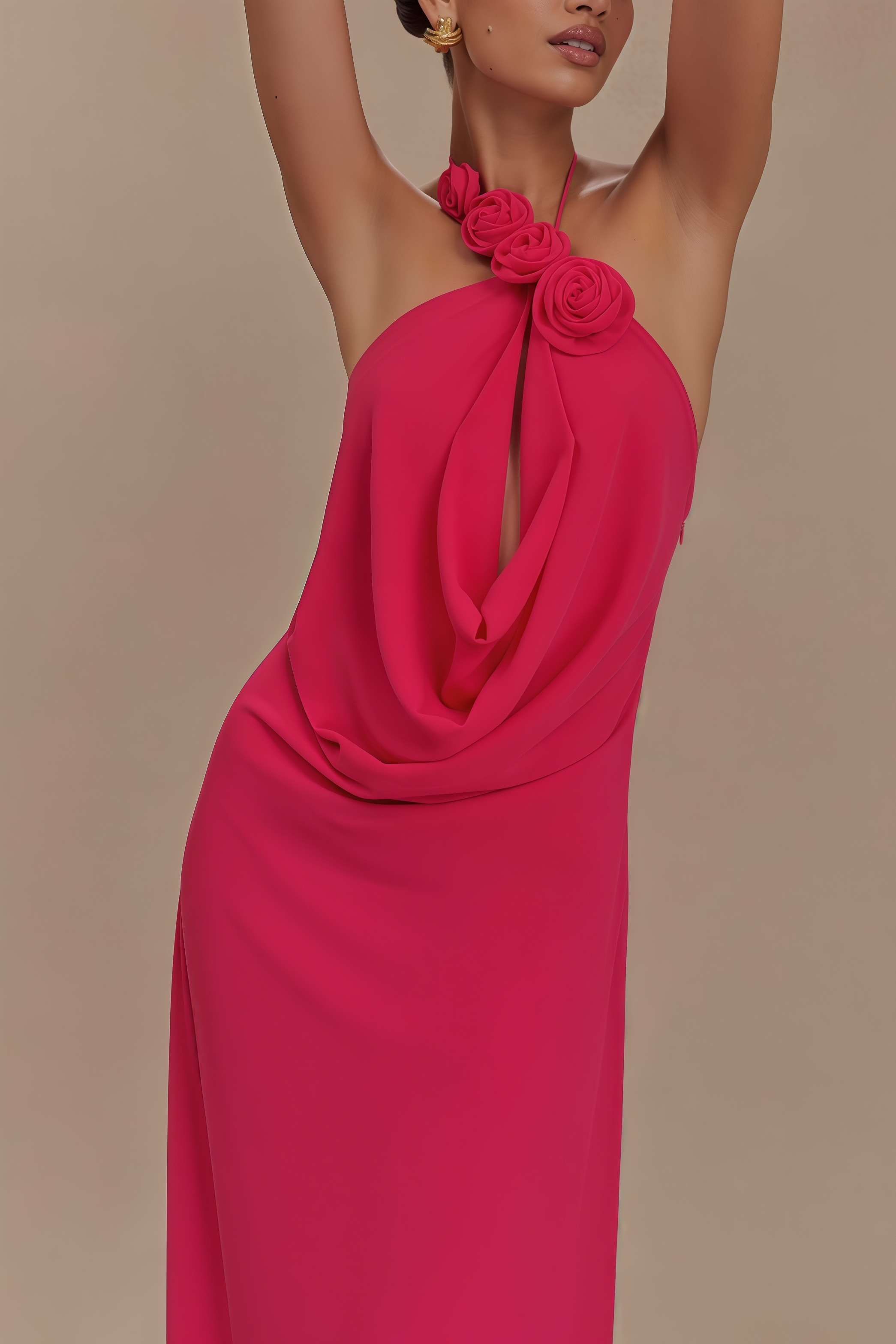 Penel Cowl Neck 3D Flower Maxi Dress