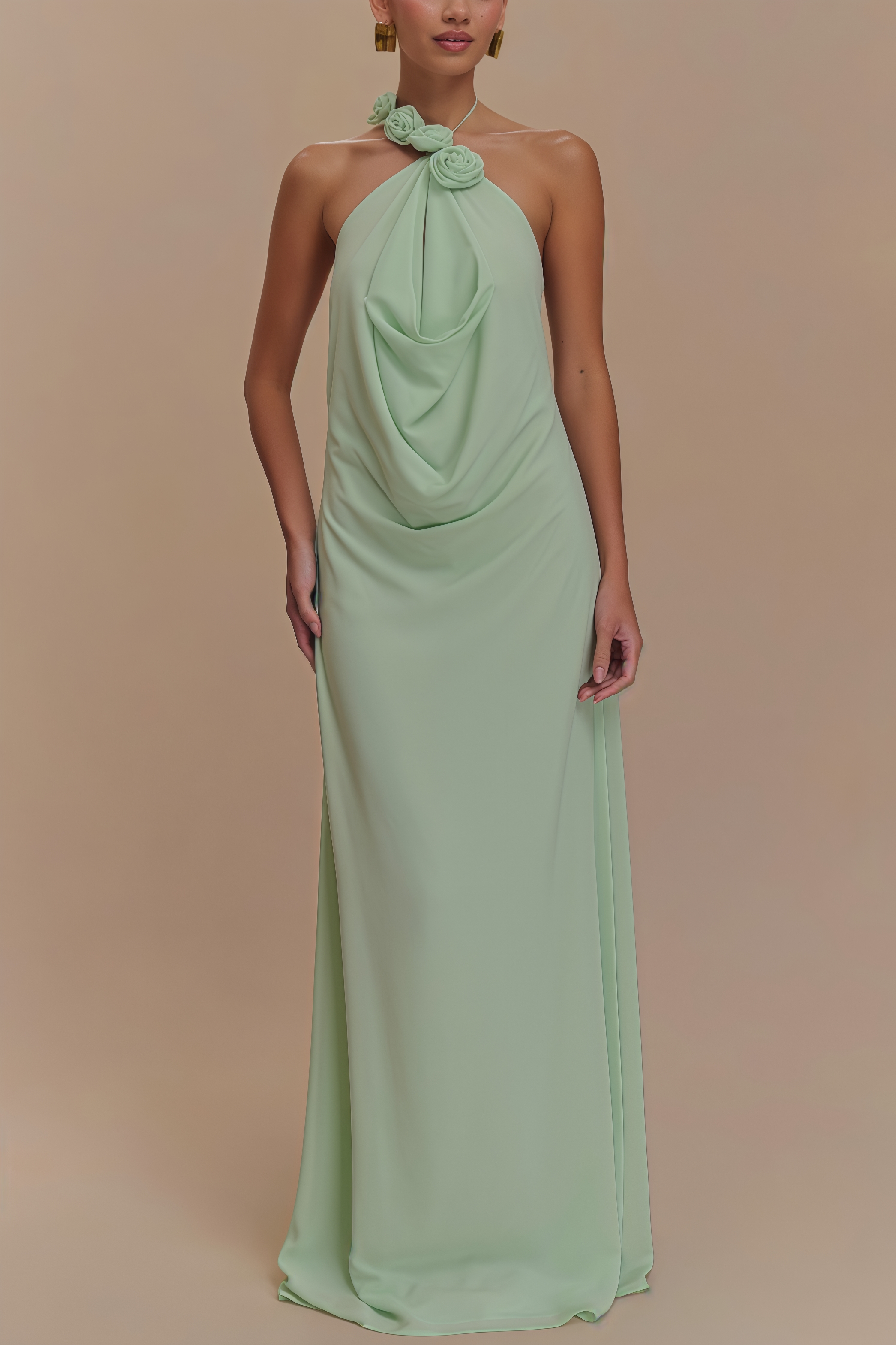 Stellk Green Cowl Neck 3D Flower Maxi Dress