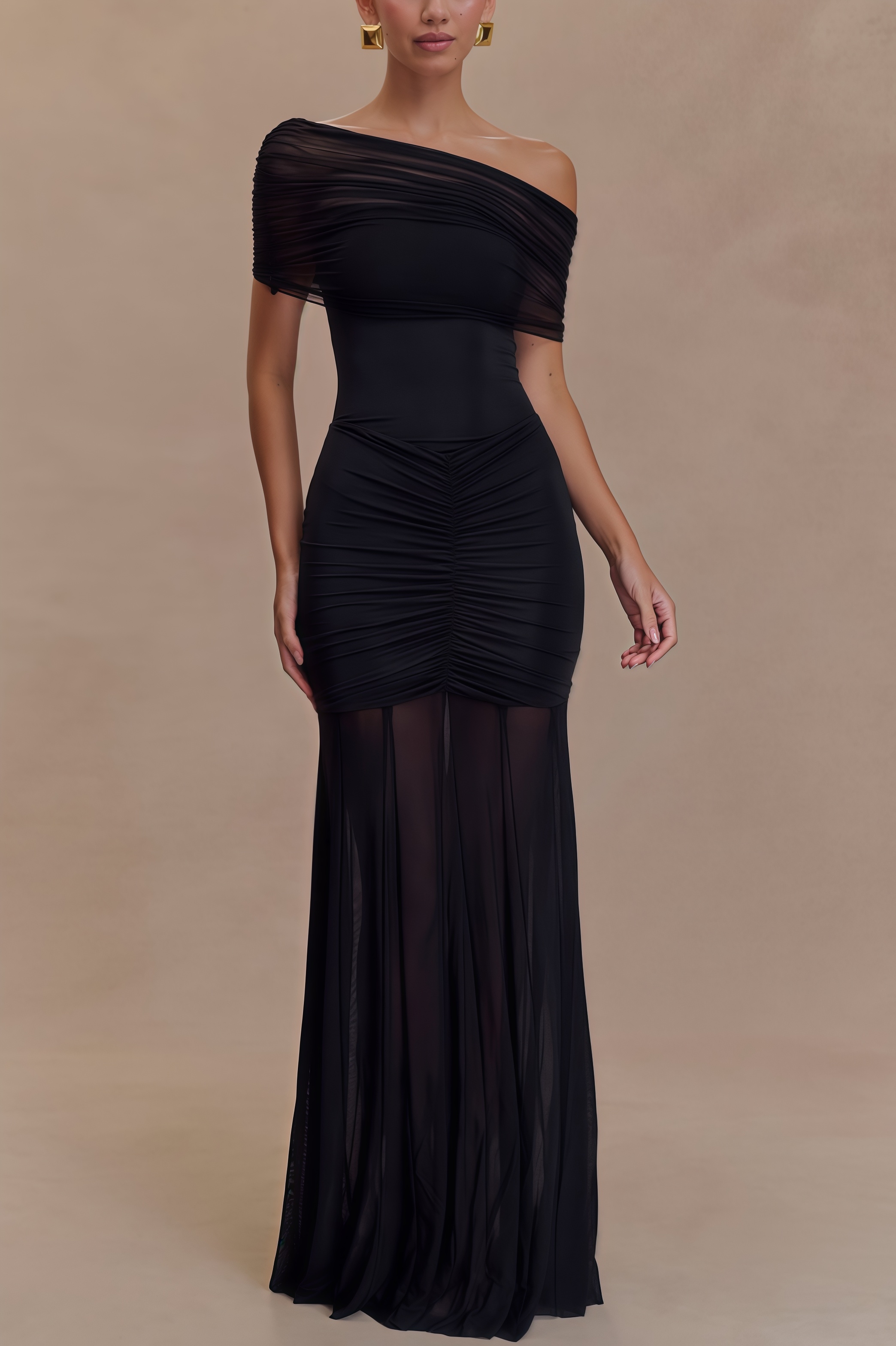 Nivenae Slinky And Mesh Off Shoulder Maxi Dress