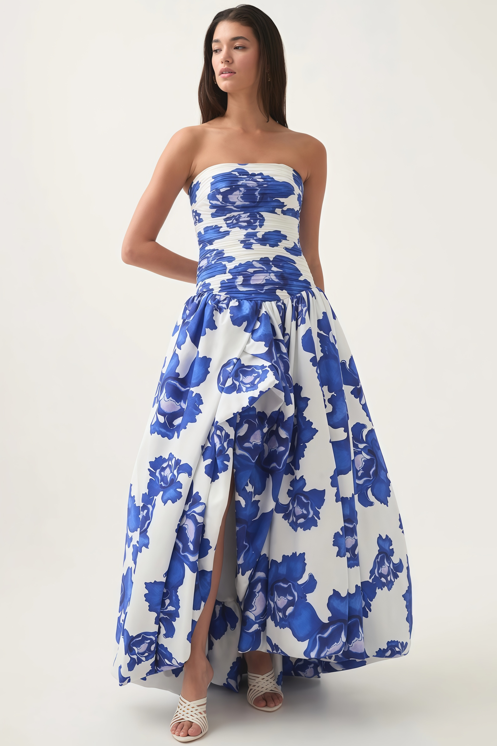 Jetta Pleated Floral Cotton Split Maxi Dress