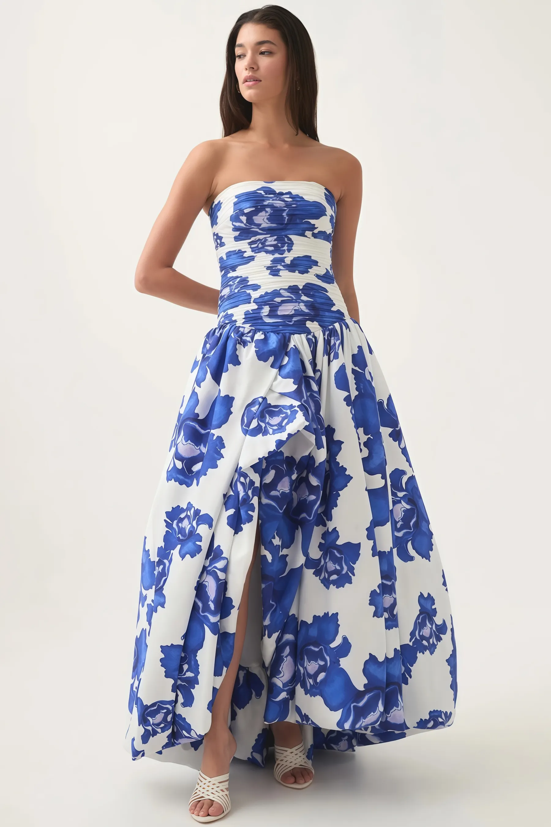 Jetta Pleated Floral Cotton Split Maxi Dress