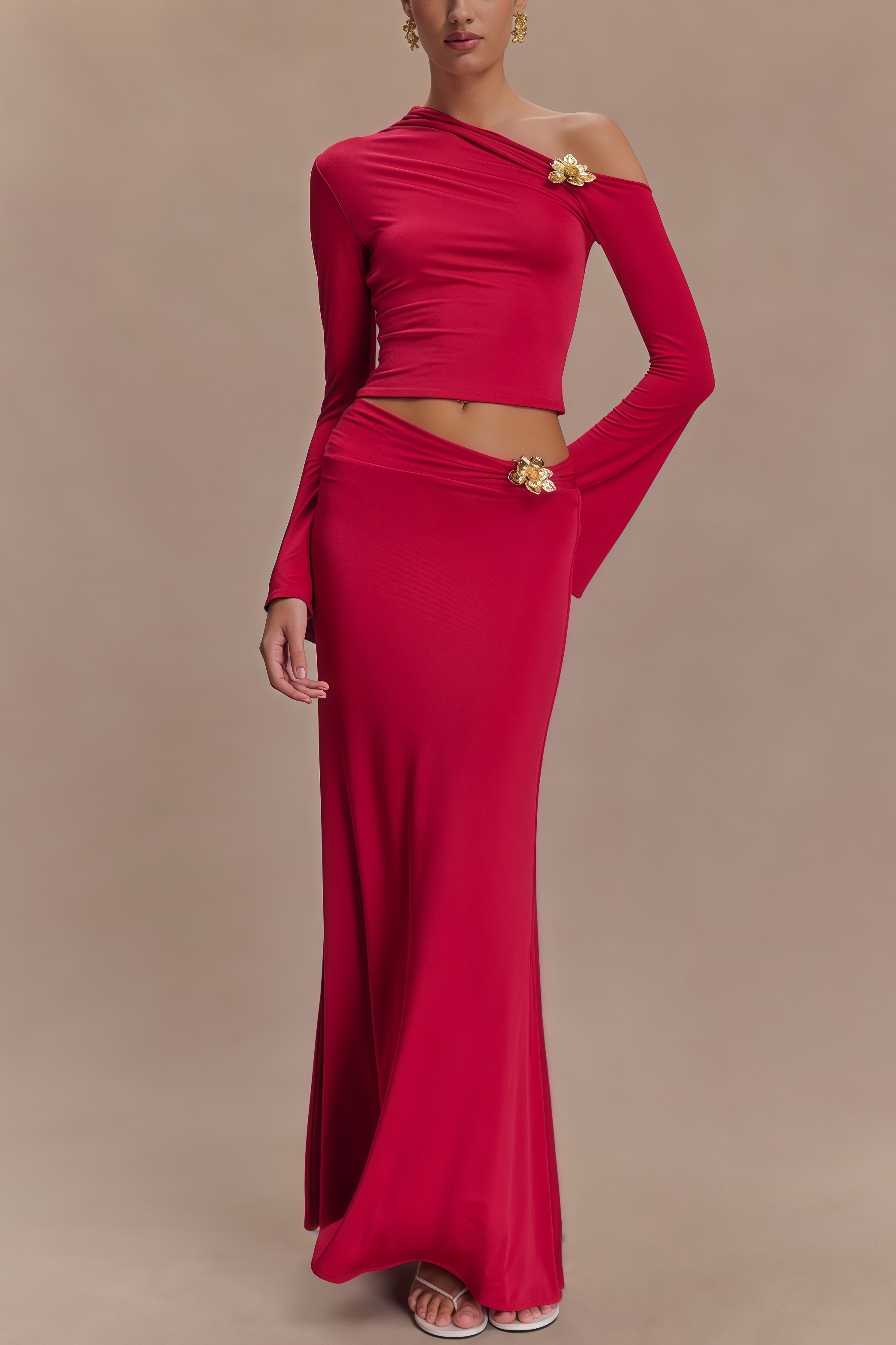 Aurod Slanted Collar 3D Flower Maxi Dress Set