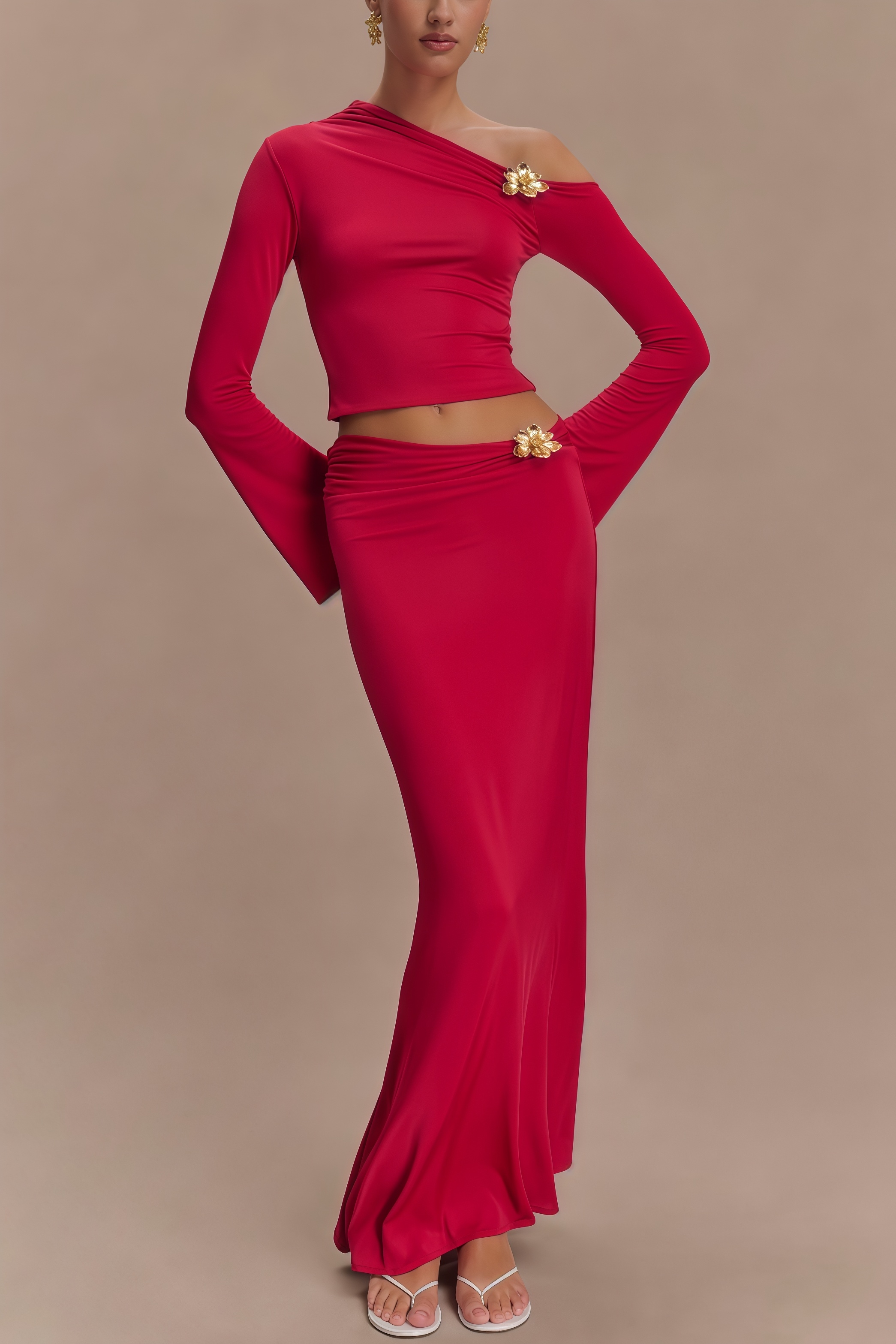 Aurod Slanted Collar 3D Flower Maxi Dress Set