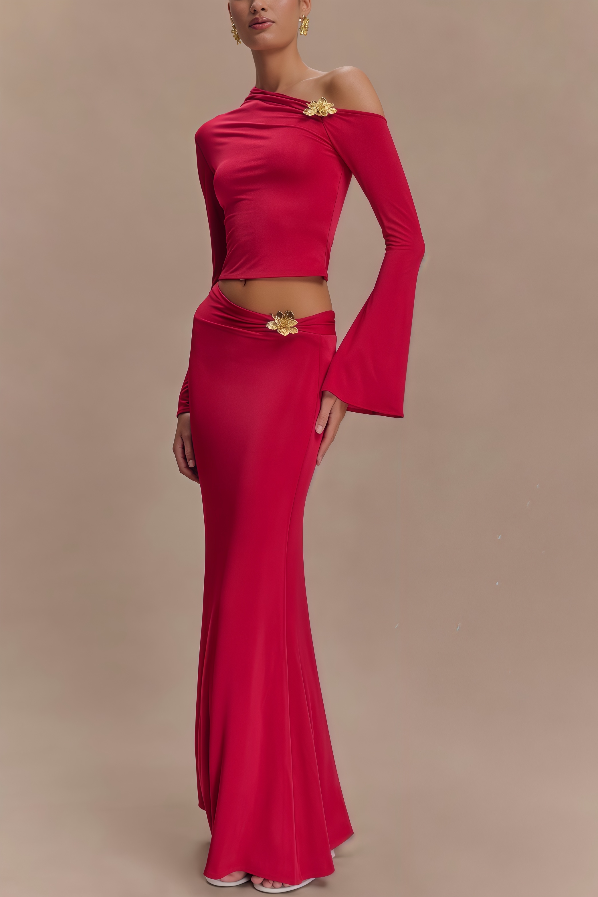 Aurod Slanted Collar 3D Flower Maxi Dress Set