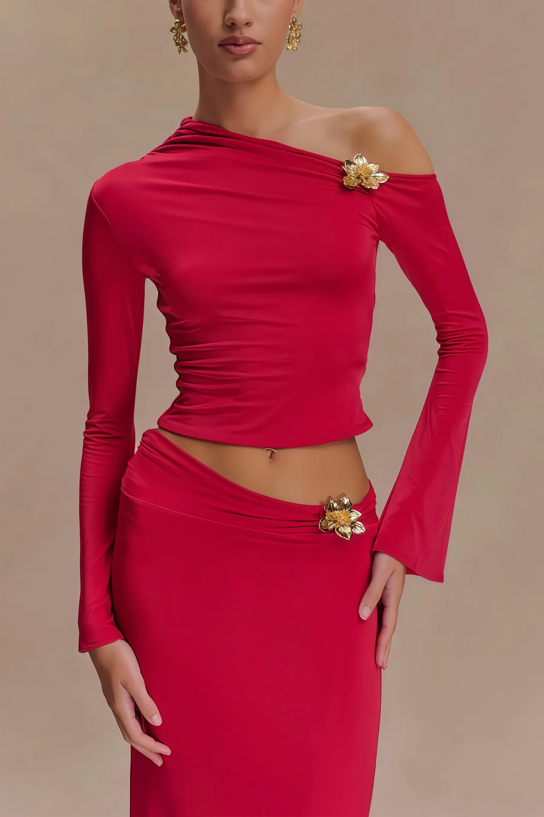 Aurod Slanted Collar 3D Flower Maxi Dress Set