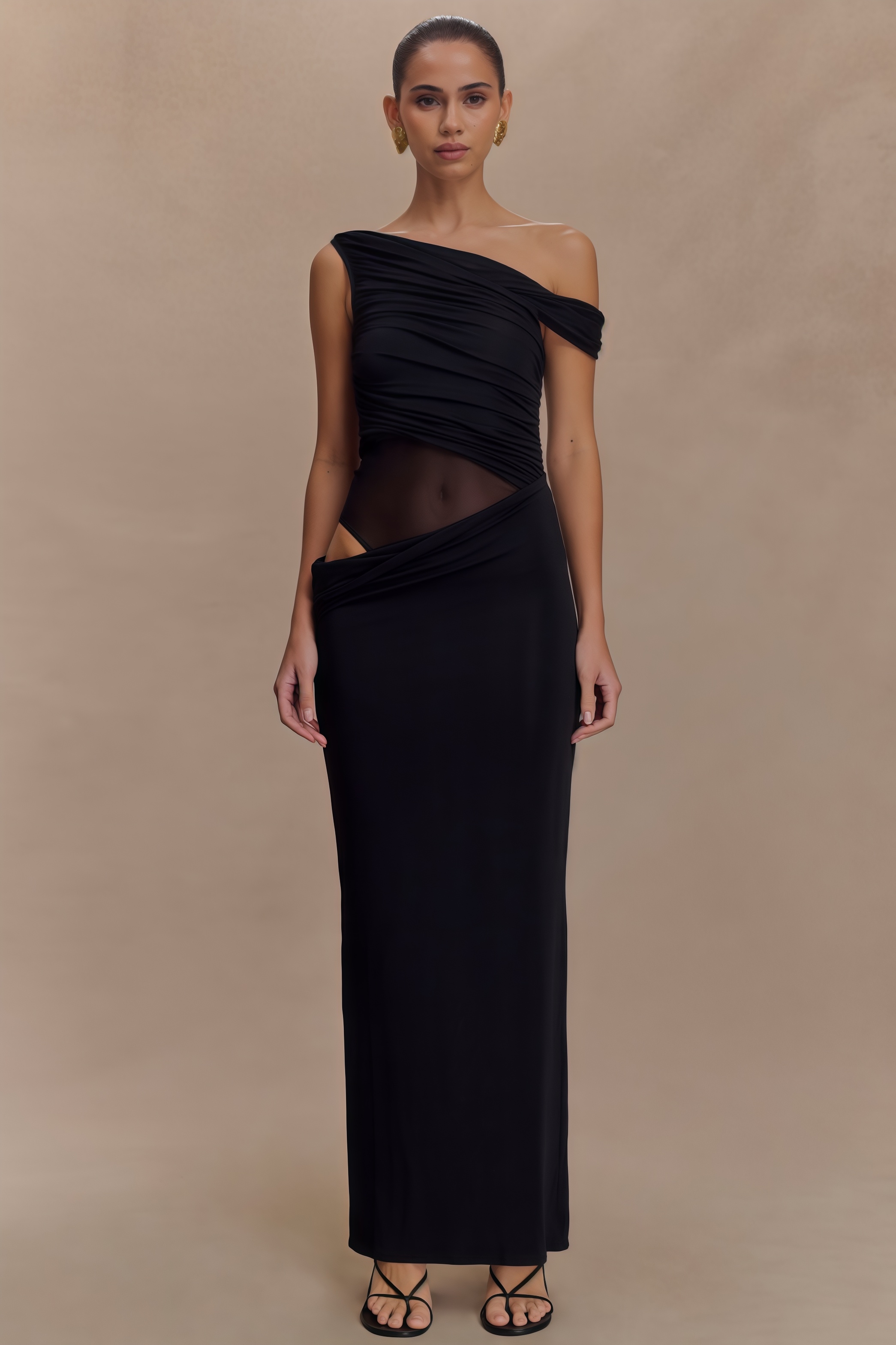 Fayert Black One Shoulder Slinky Maxi Dress