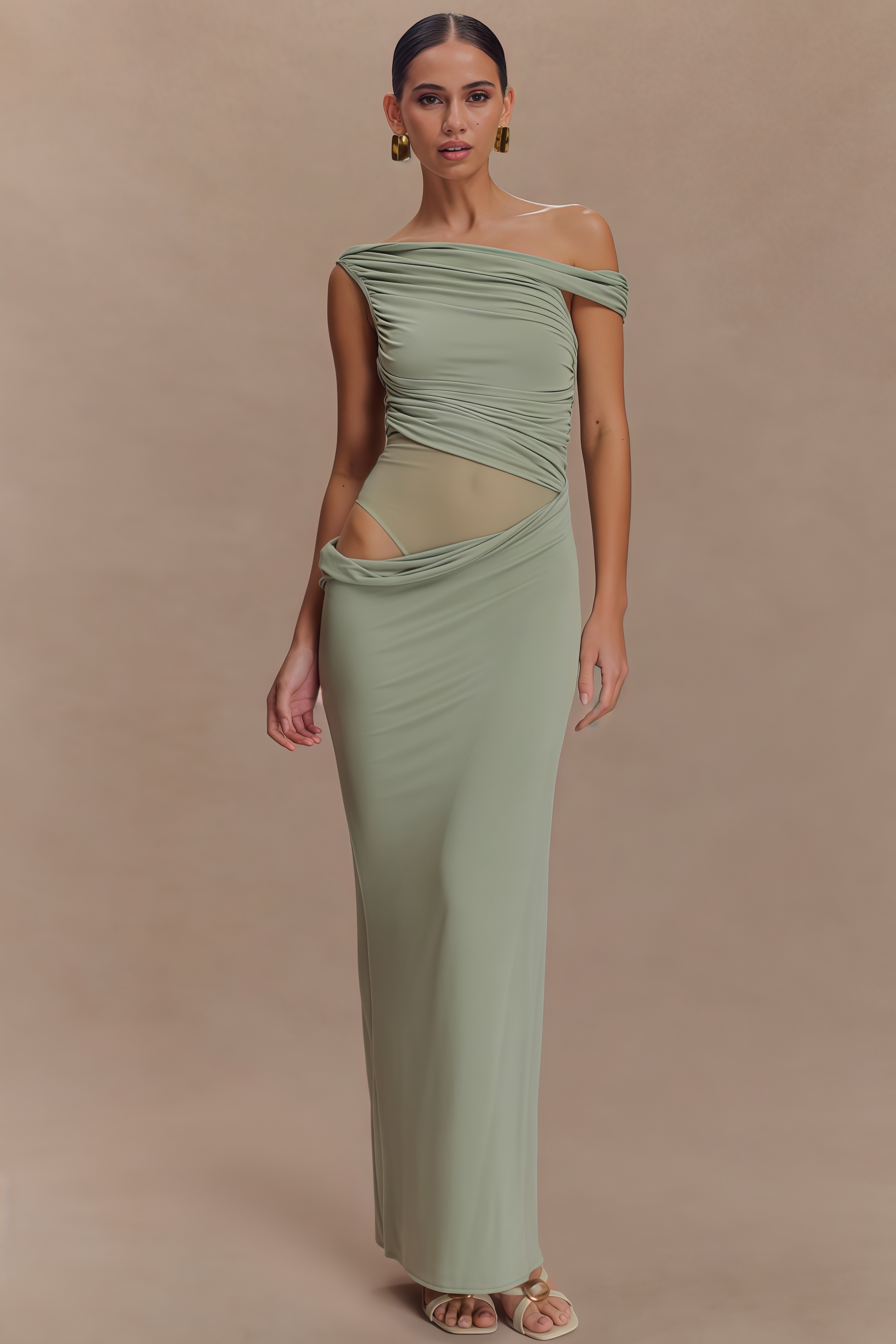 Erynrk Green One Shoulder Slinky Maxi Dress