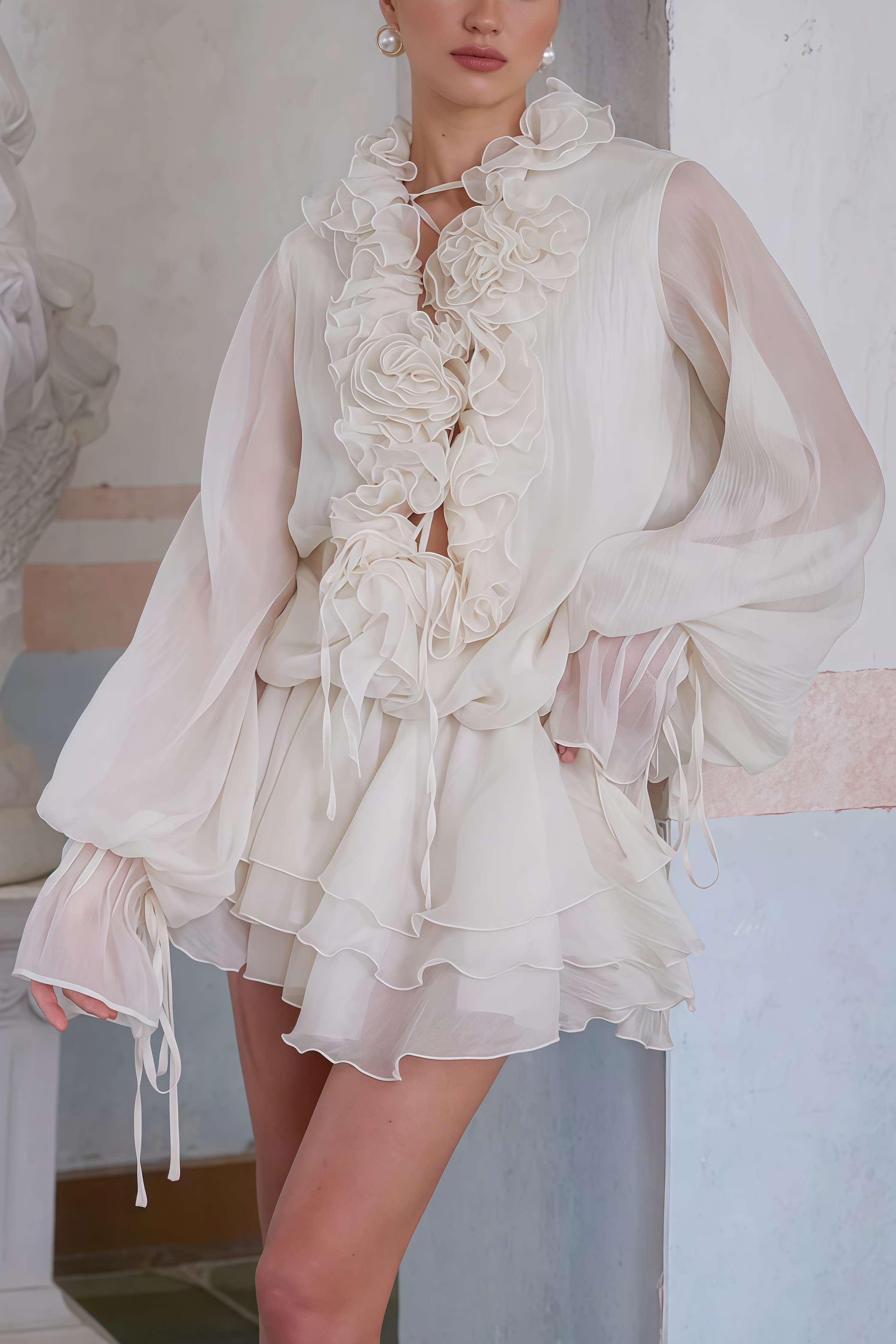 Elsonv 3D Floral Lantern Sleeve Mini Dress