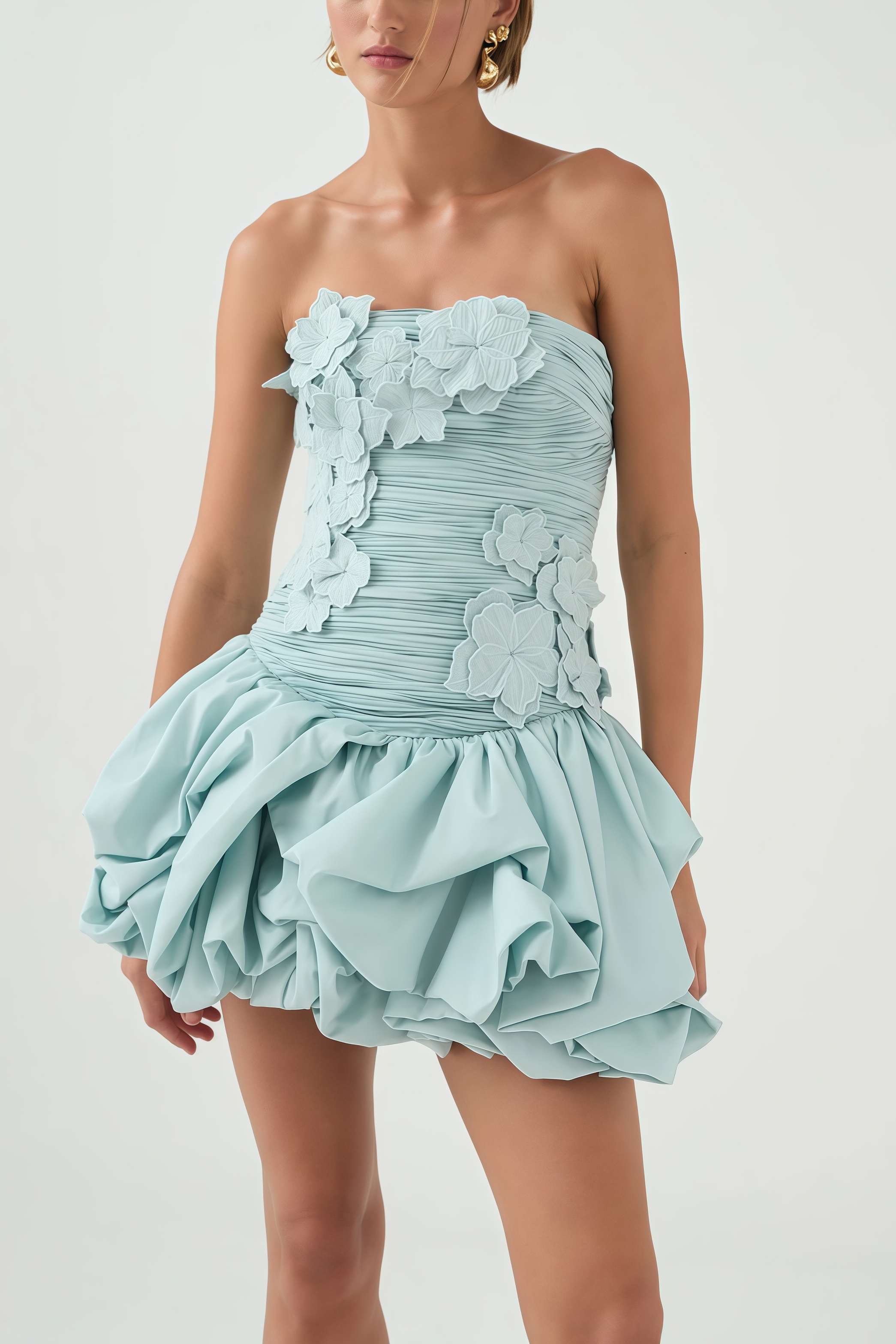 Rylerd Strapless 3D Flower Puff Mini Dress
