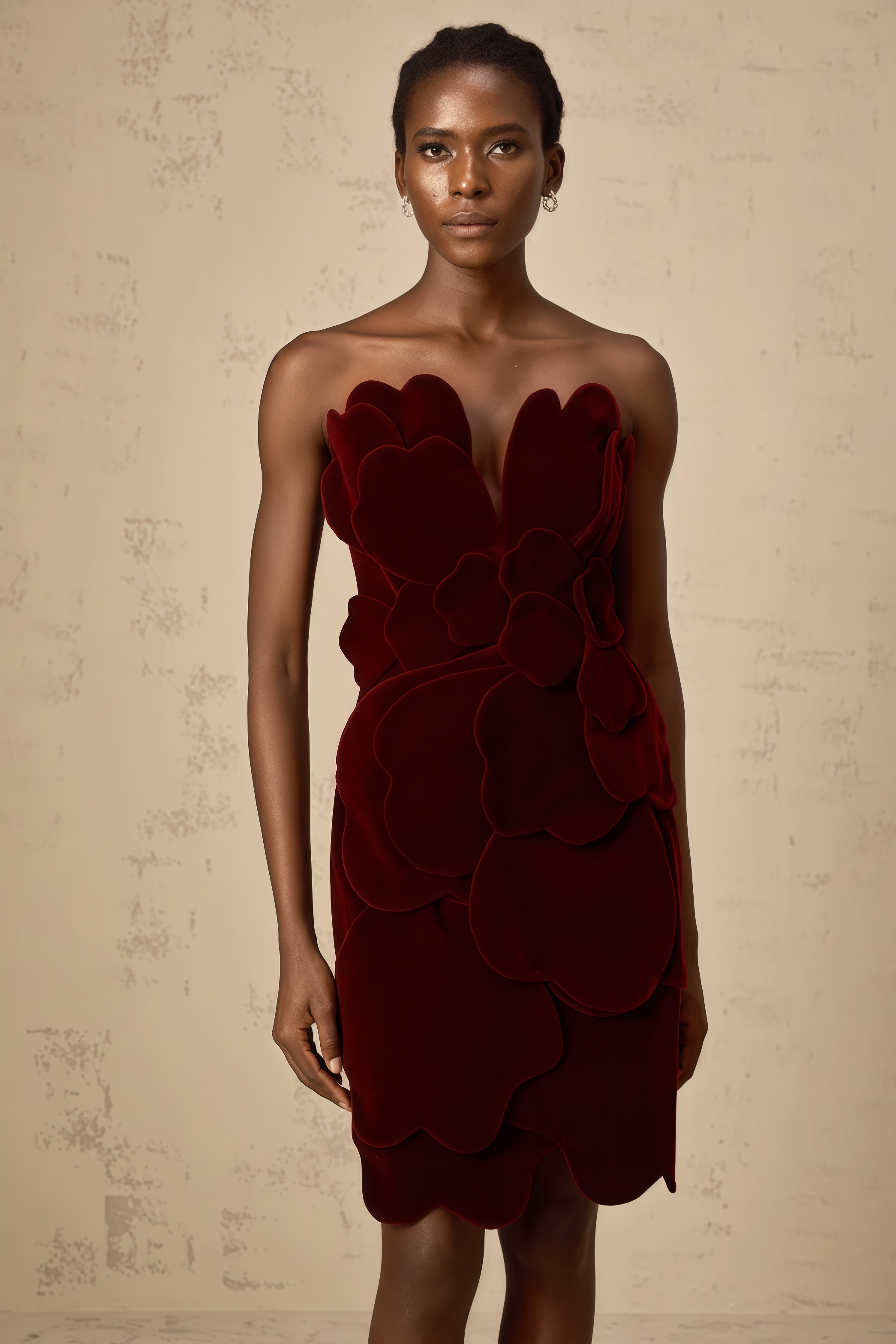 Sage Red Floral Applique Velvet Mini Dress