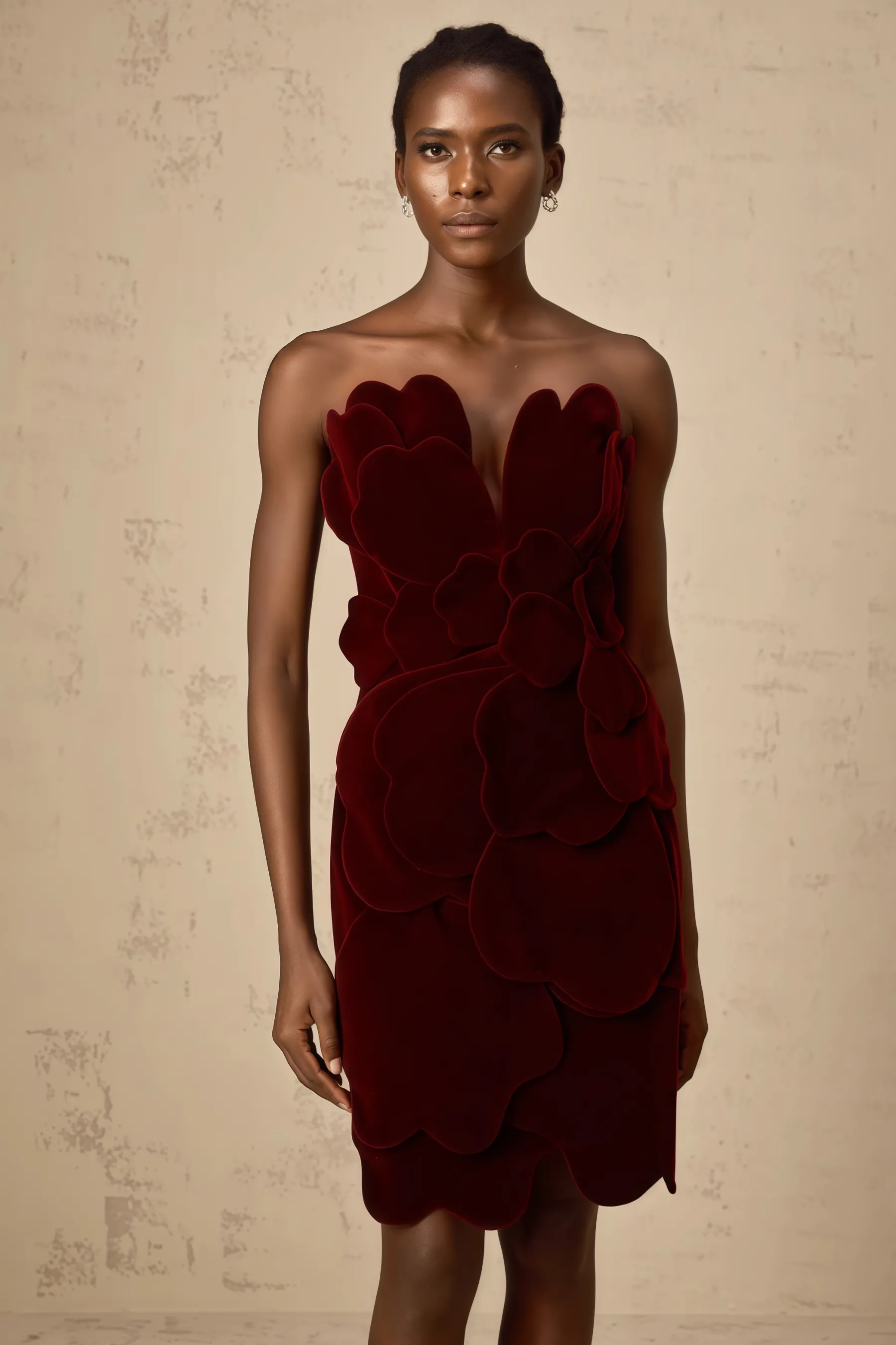 Sage Red Floral Applique Velvet Mini Dress