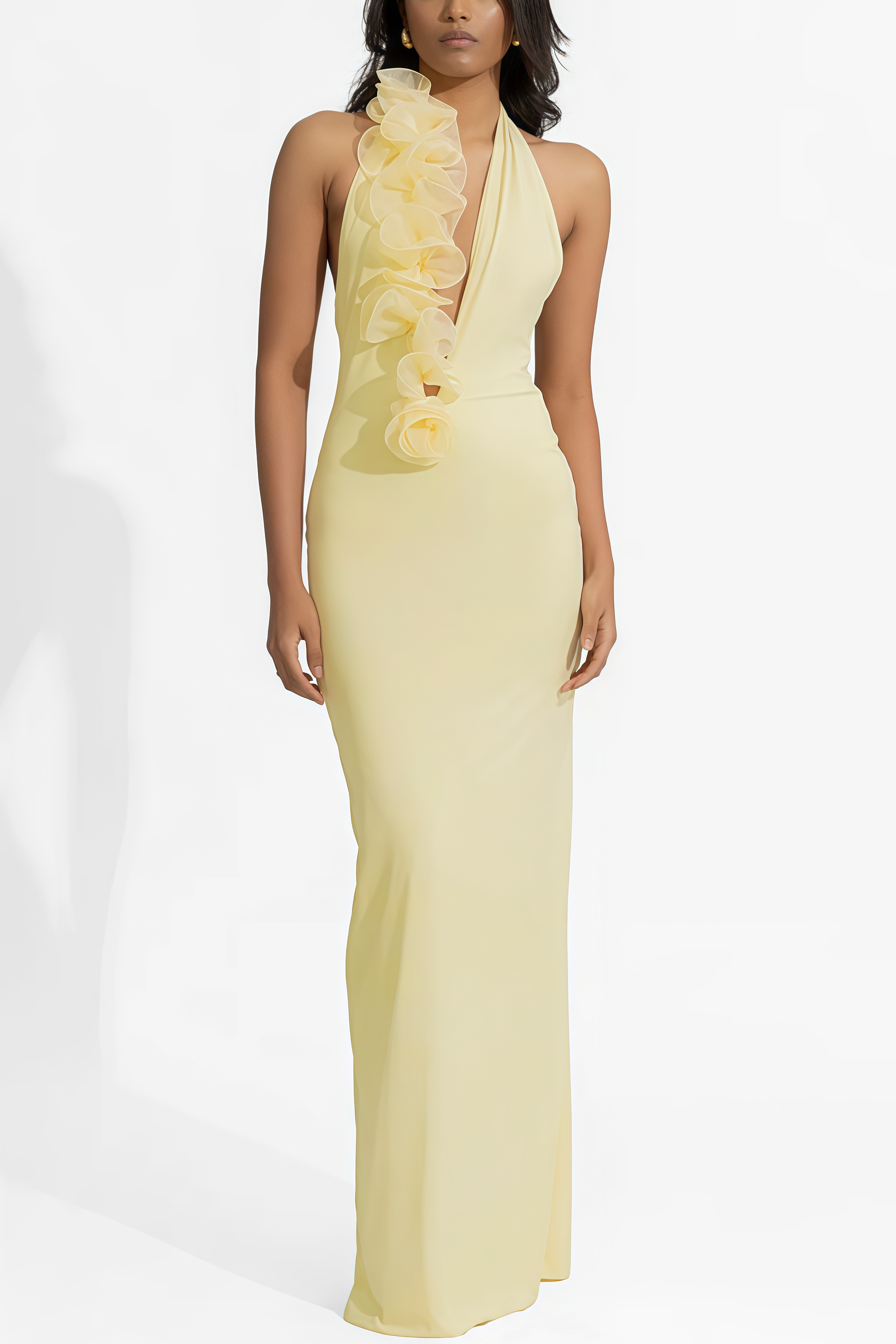 Dakod Yellow 3D Floral Backless Maxi Dress
