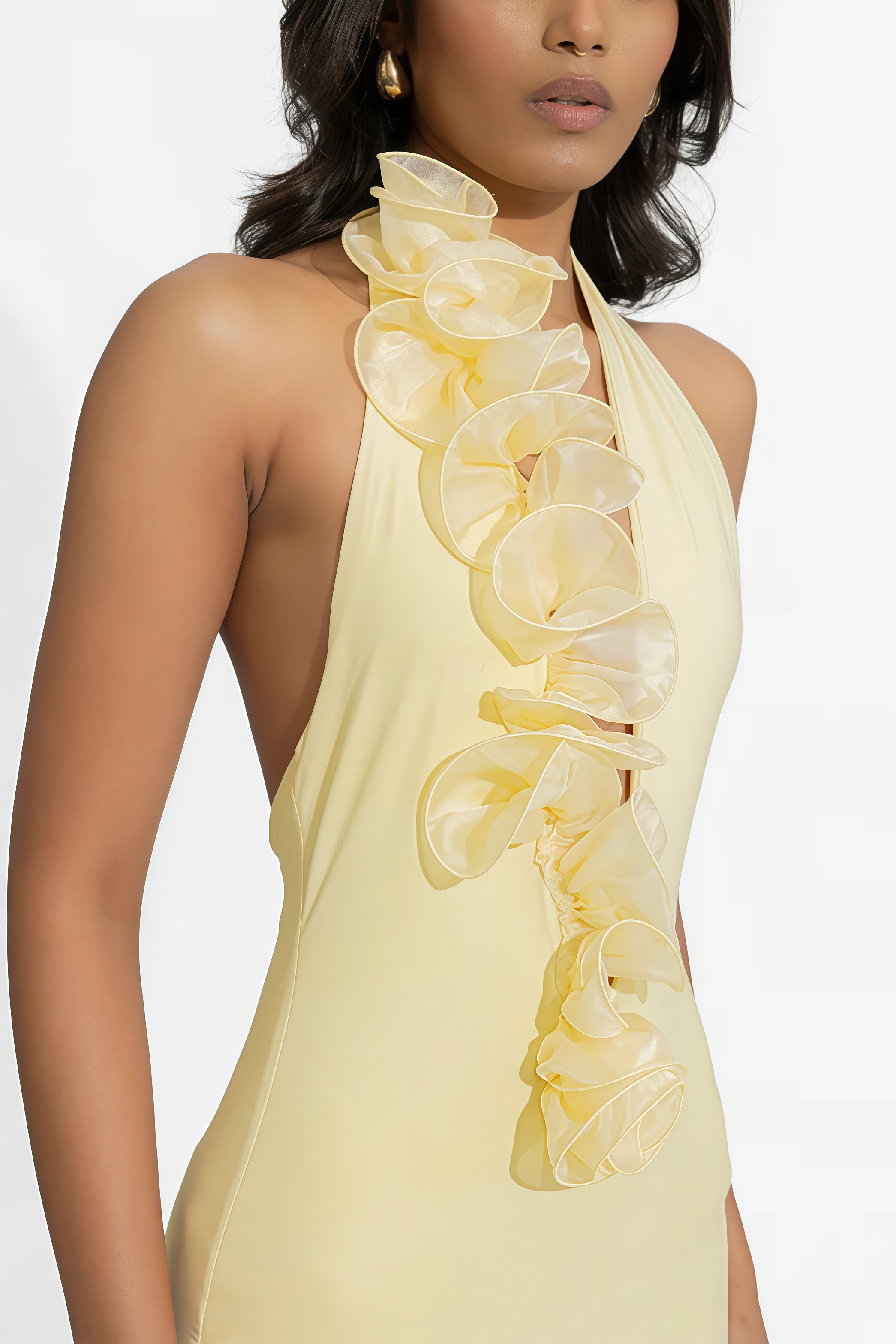 Dakod Yellow 3D Floral Backless Maxi Dress