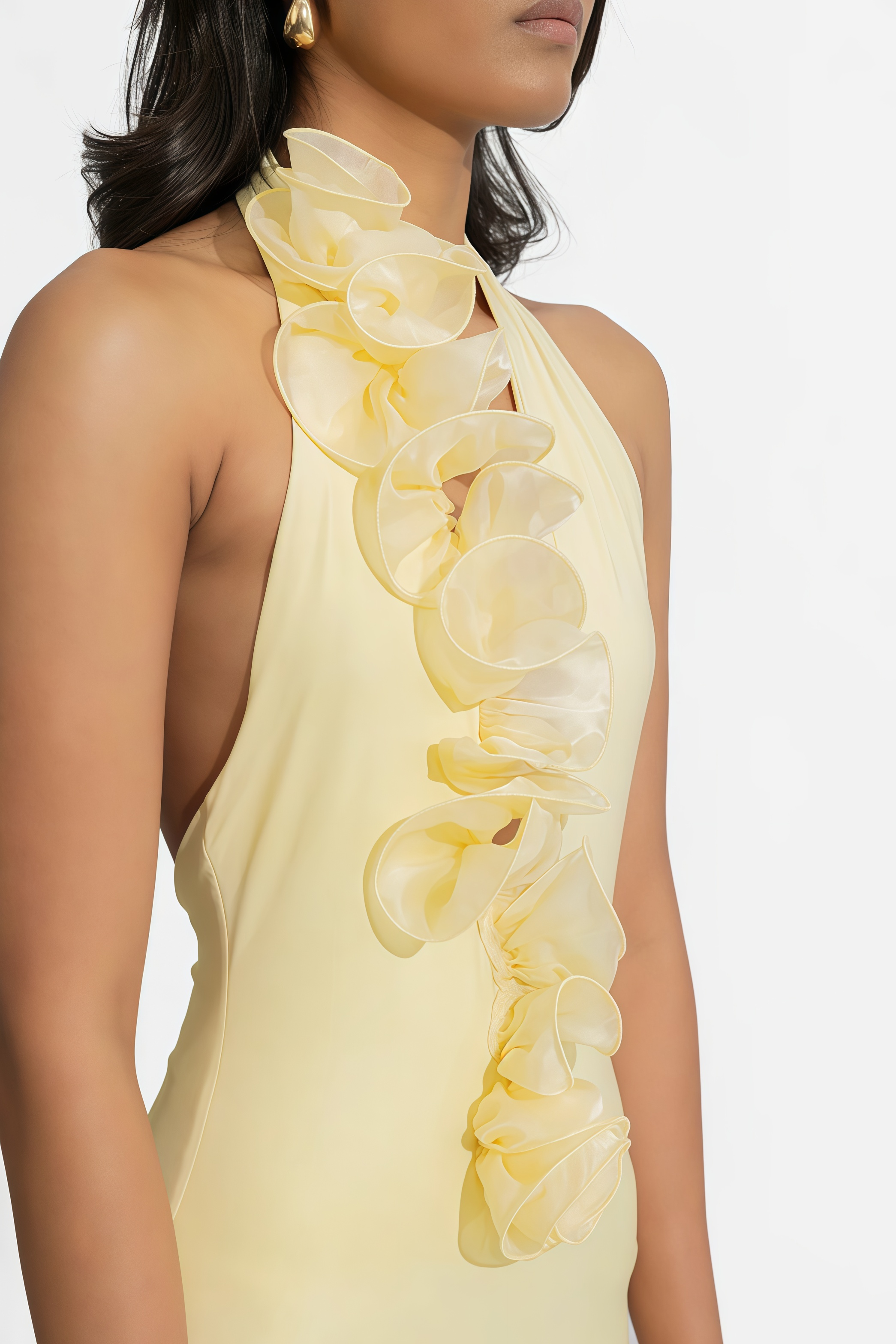 Dakod Yellow 3D Floral Backless Maxi Dress