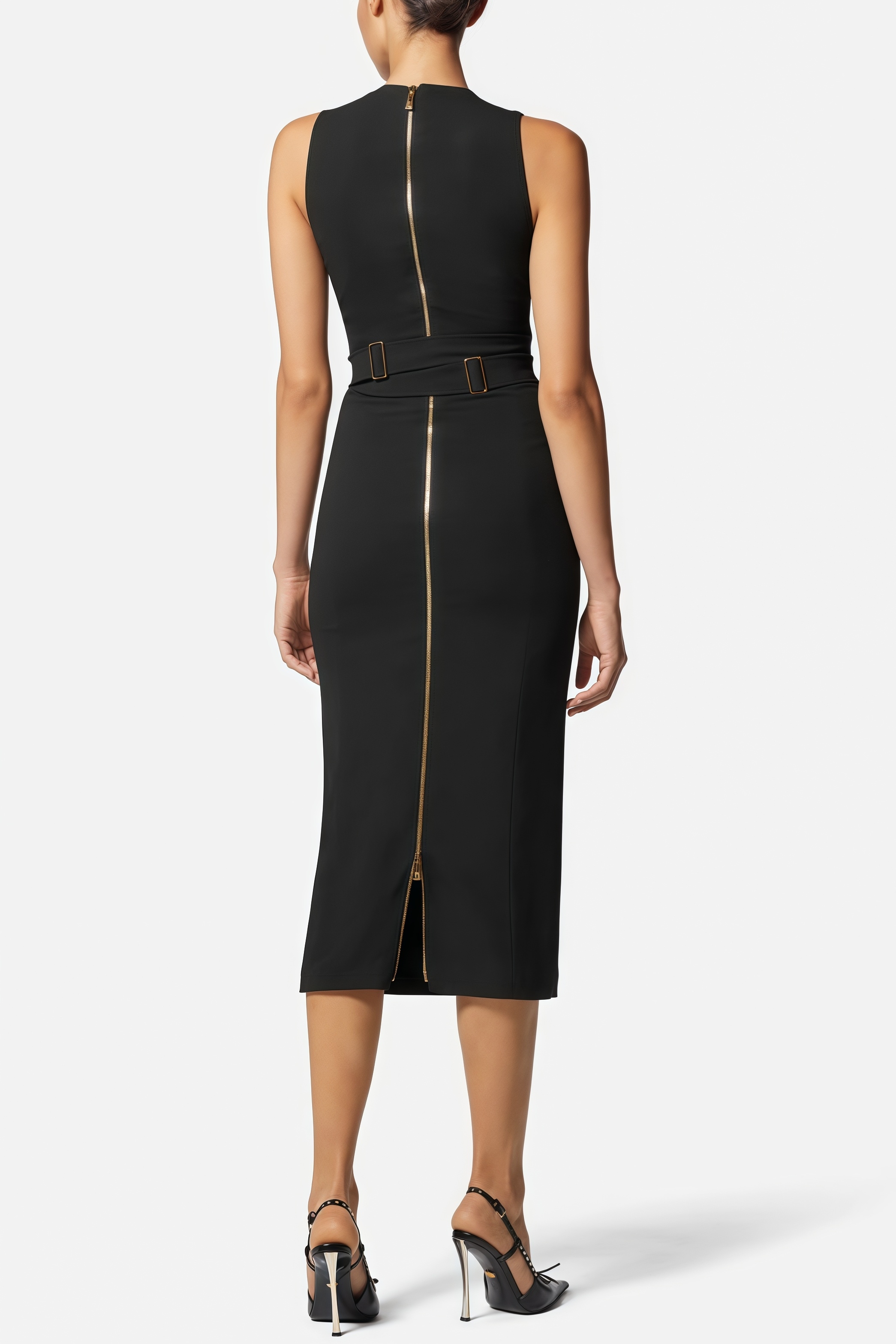 Noric Black V-Neck Bandage Midi Dress