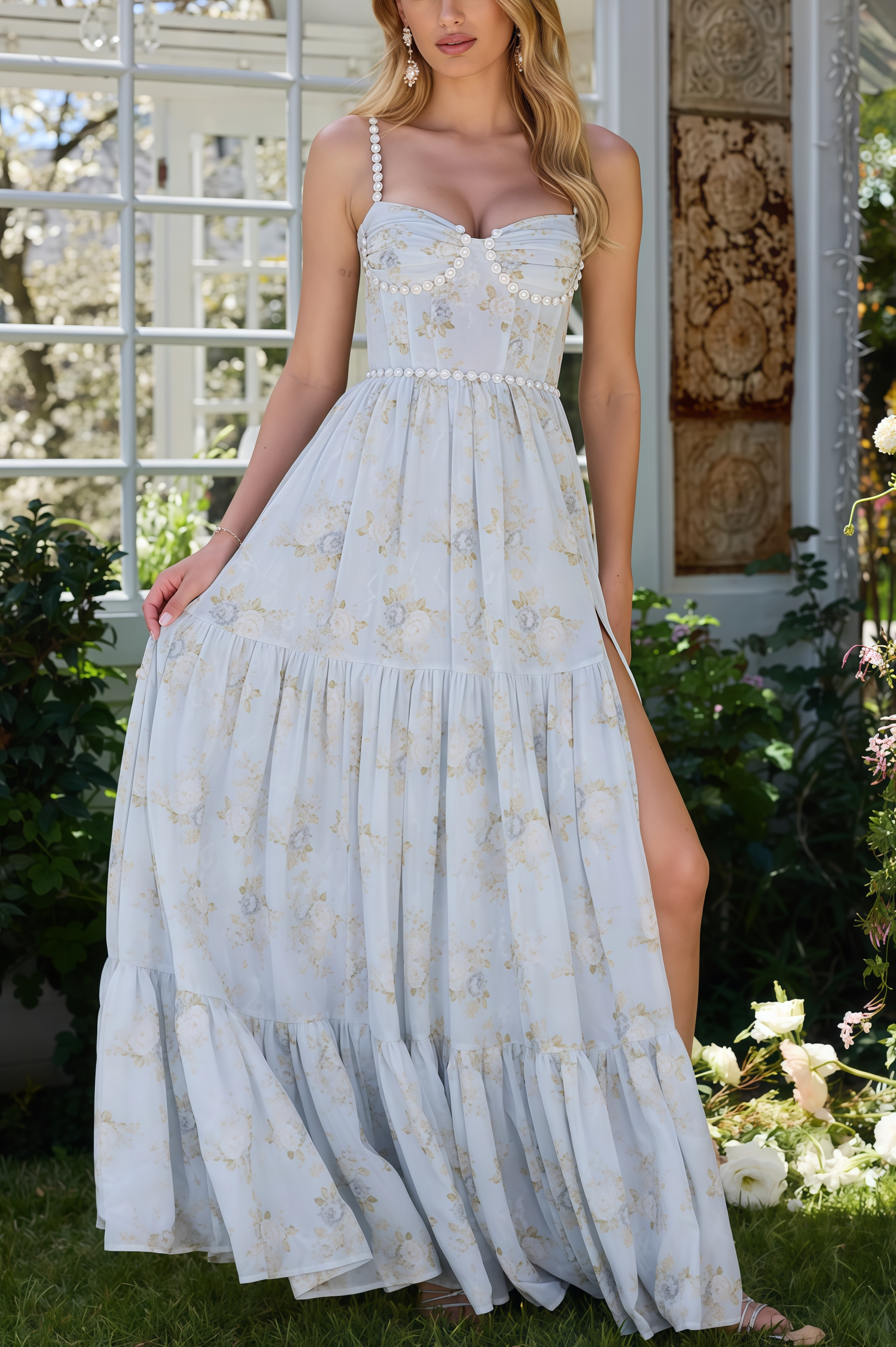Kael Pearl Halter Floral Maxi Dress