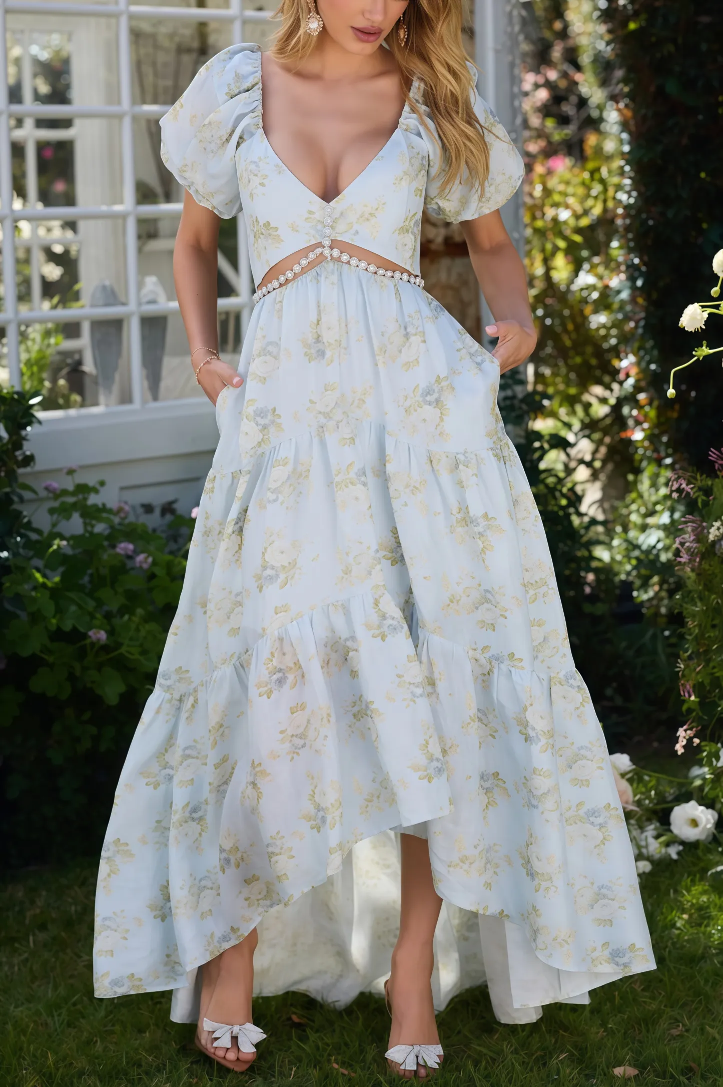 Wrenna Blue Printed V-Neck Maxi Dress