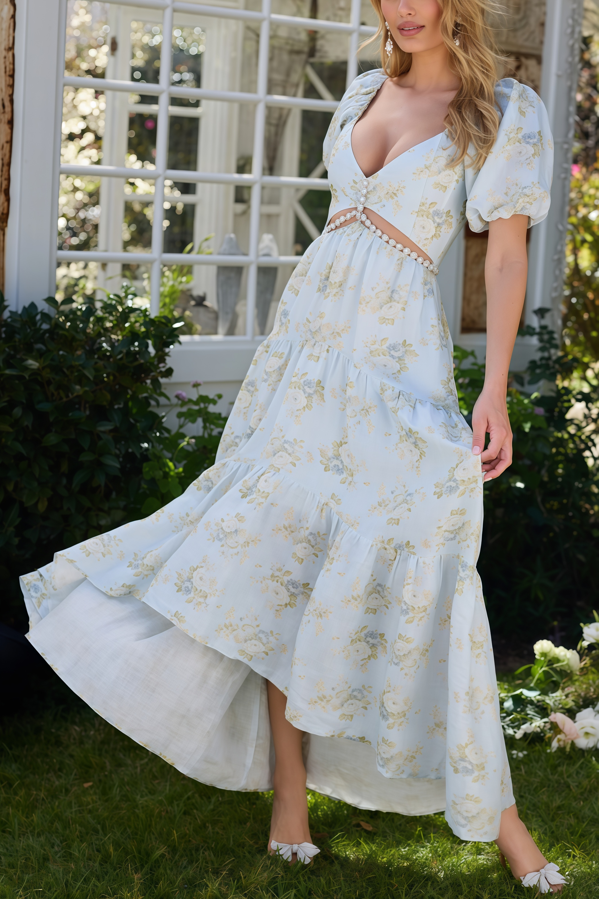 Wrenna Blue Printed V-Neck Maxi Dress