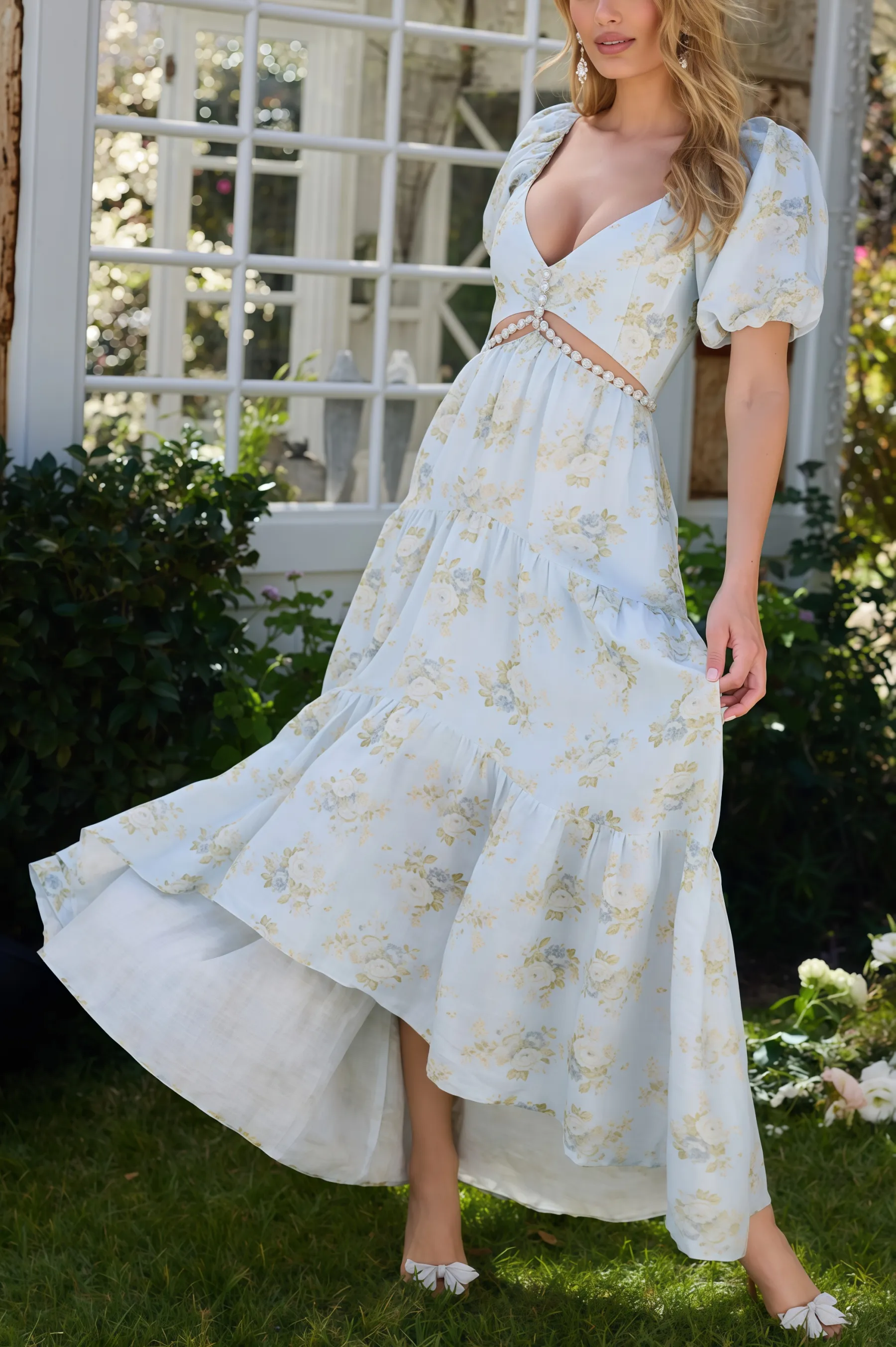 Wrenna Blue Printed V-Neck Maxi Dress