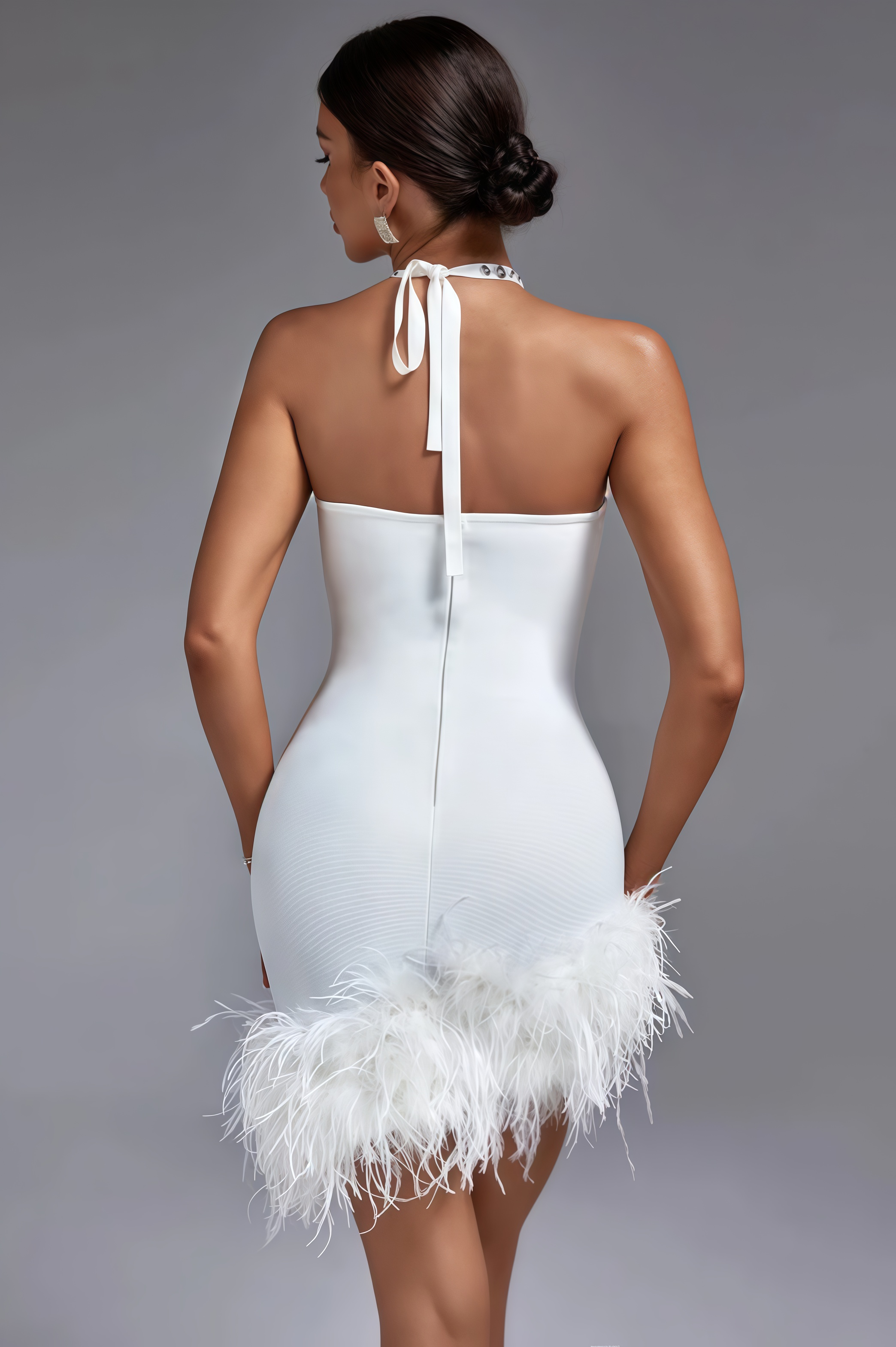 Daxen Neck Rhinestone Feather Mini Dress
