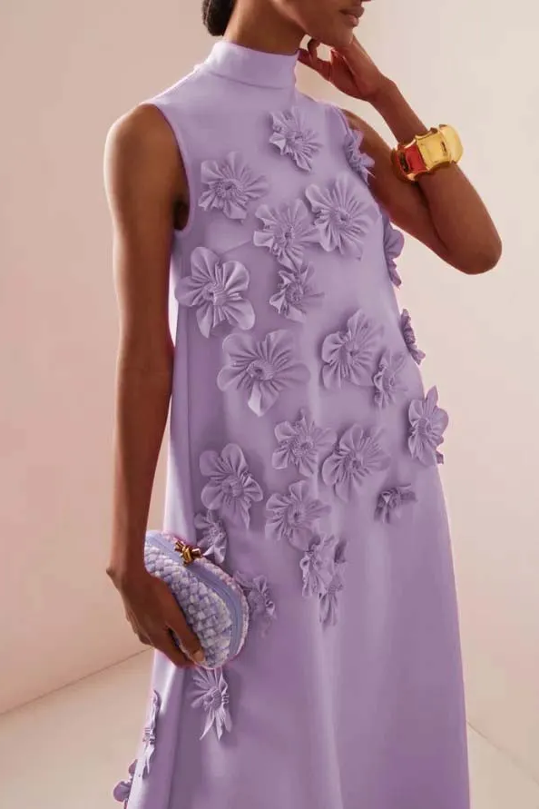 Celine 3D Floral High Neck Sleeveless Maxi Dress-Purple