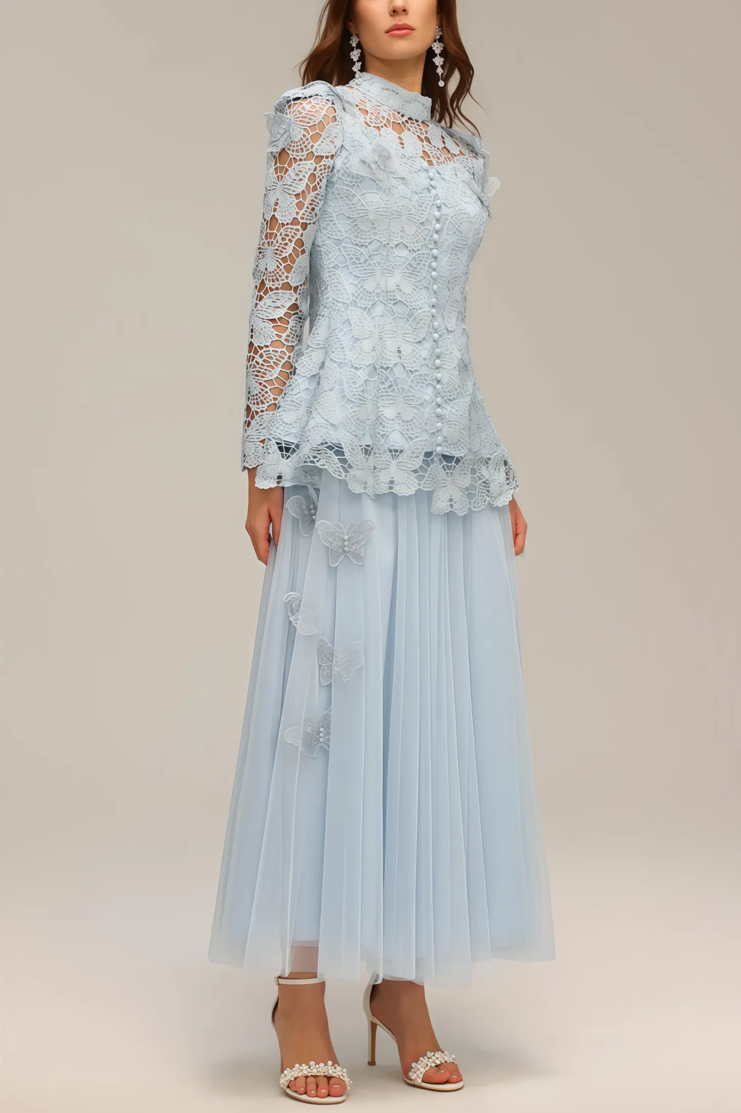 Hurof Folds Lace Butterfly Top Dress Two-Piece Set