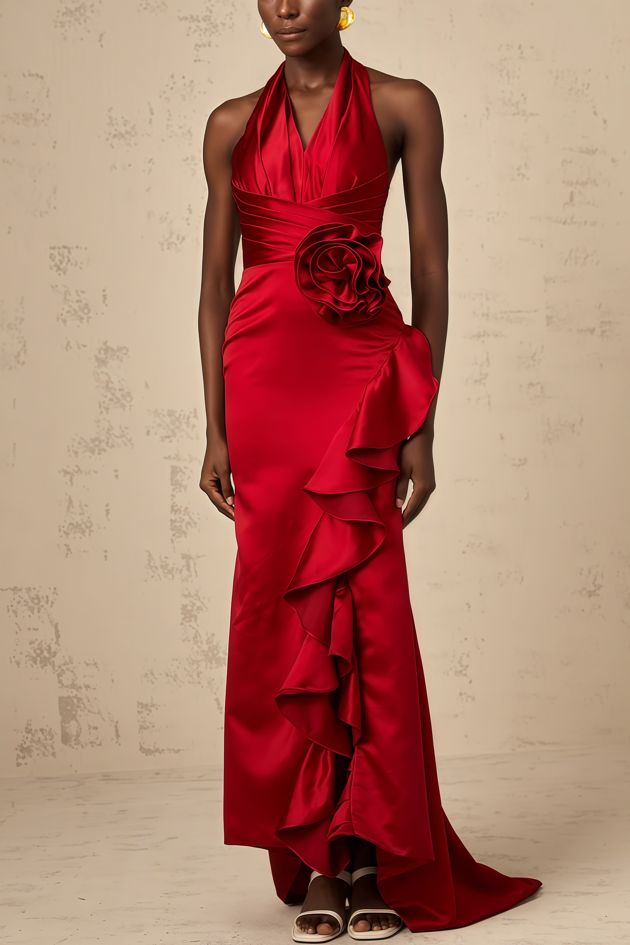 Caiusa Red 3D Floral Ruffle Maxi Dress