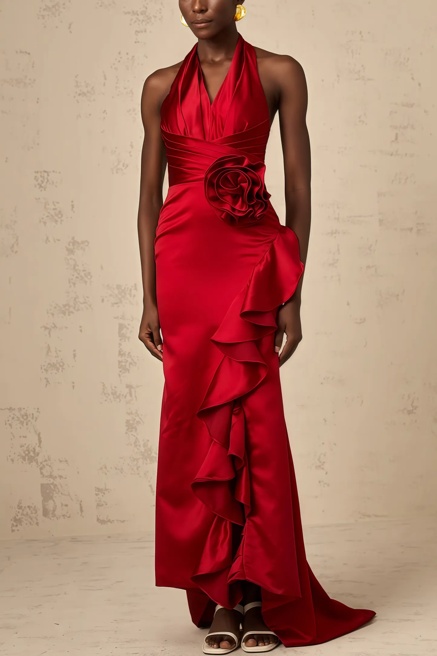 Caiusa Red 3D Floral Ruffle Maxi Dress