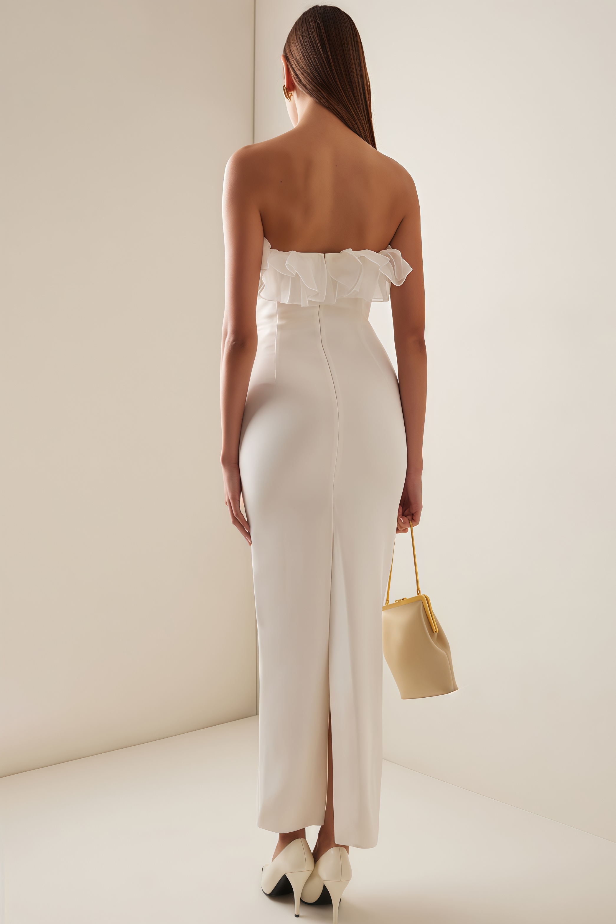 Zaretp White Ruffled Silk Midi Dress