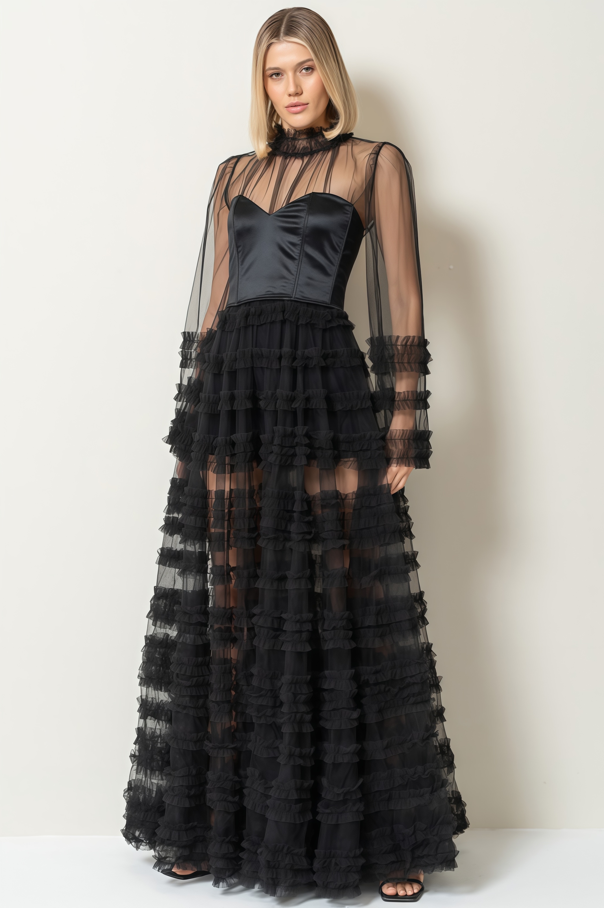 Thora Sheer Black Ruffled Maxi Dress