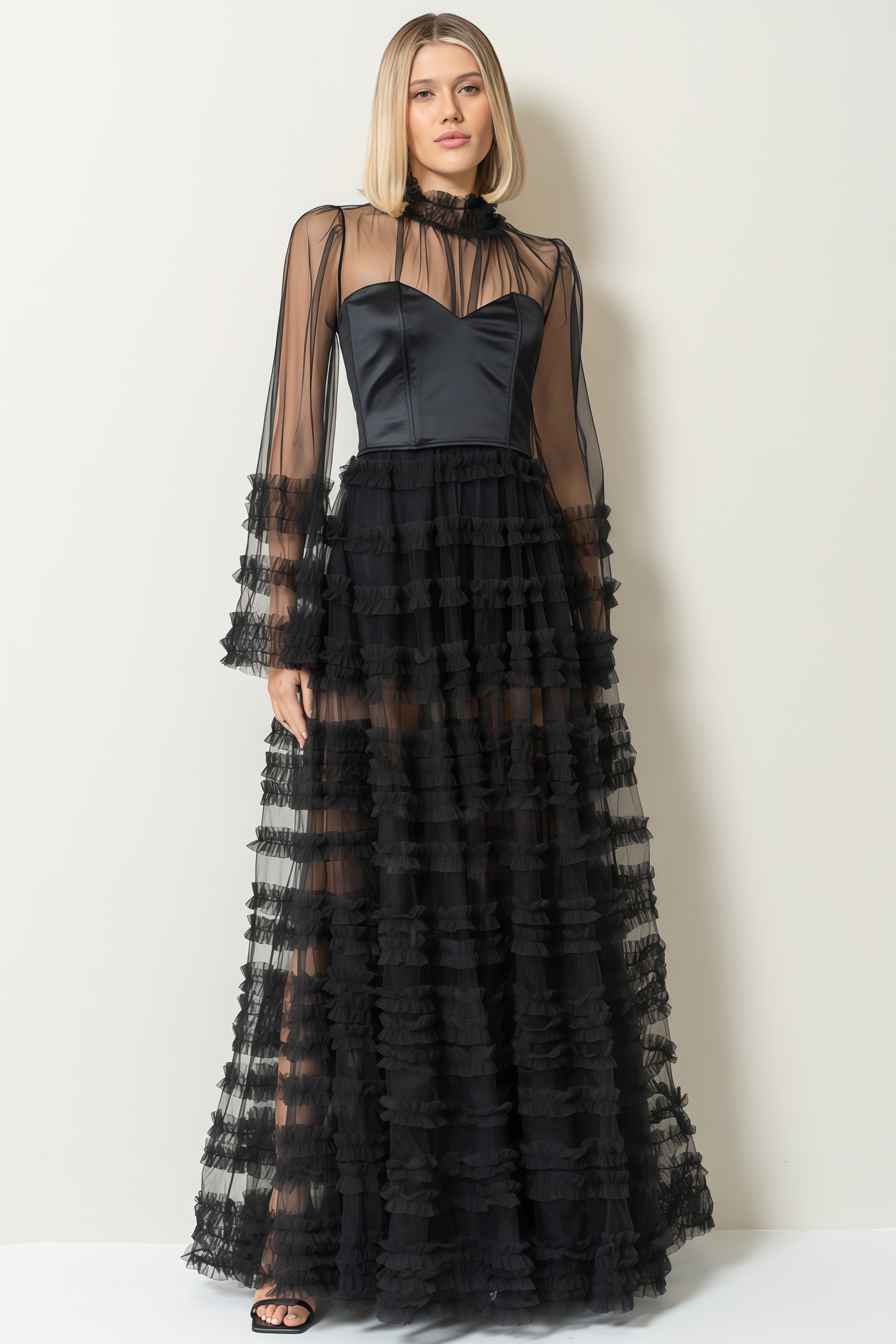 Thora Sheer Black Ruffled Maxi Dress