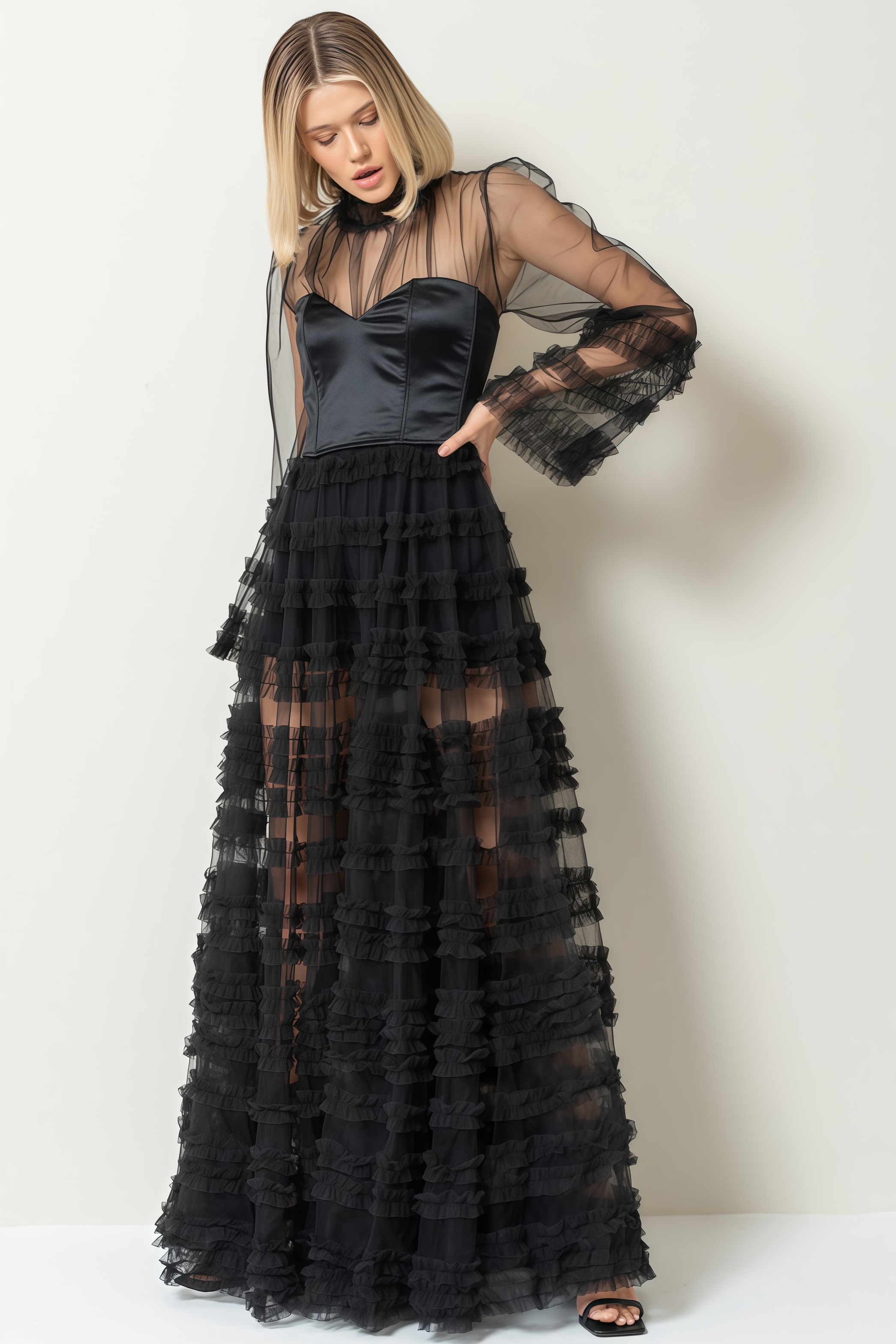 Thora Sheer Black Ruffled Maxi Dress