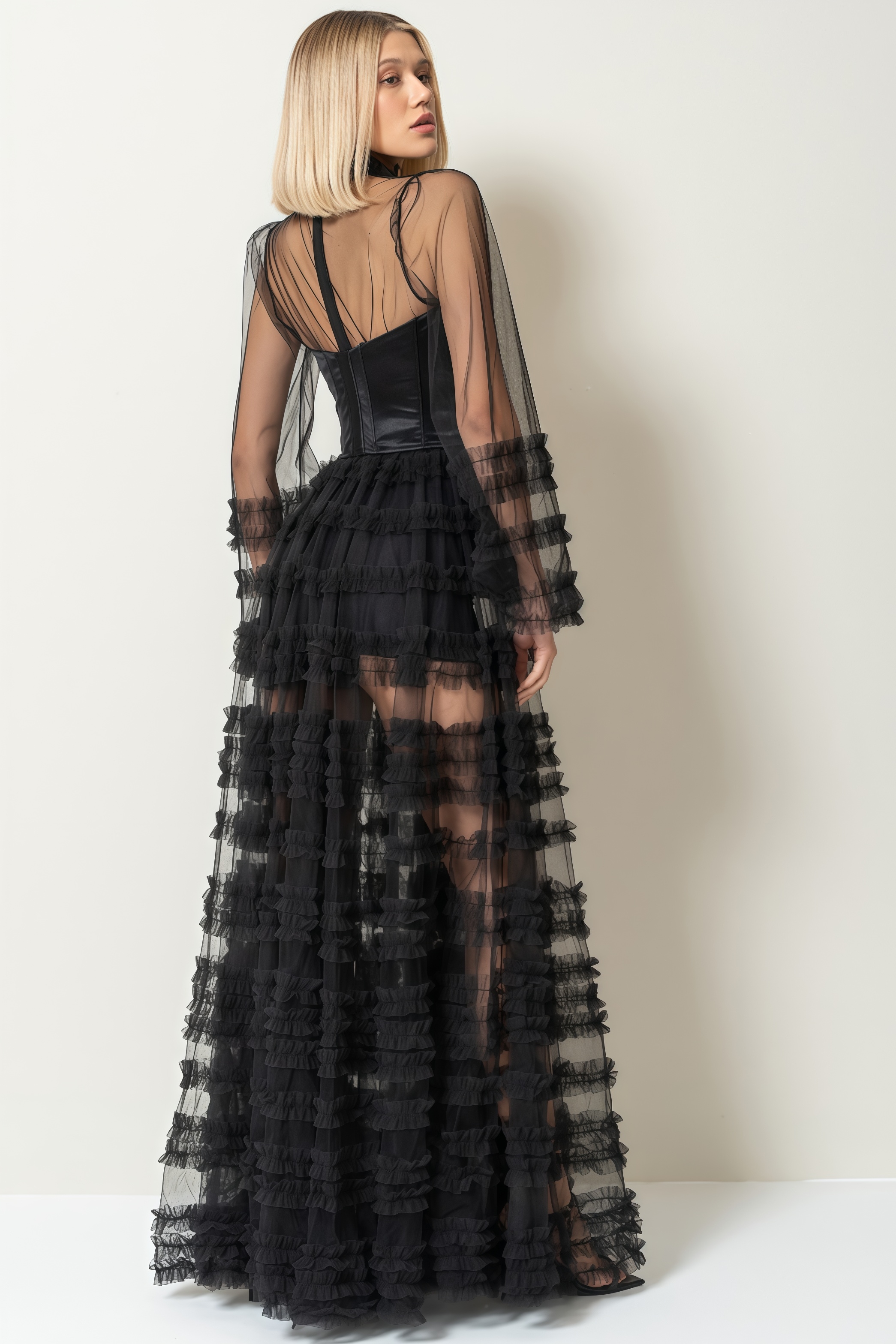 Thora Sheer Black Ruffled Maxi Dress