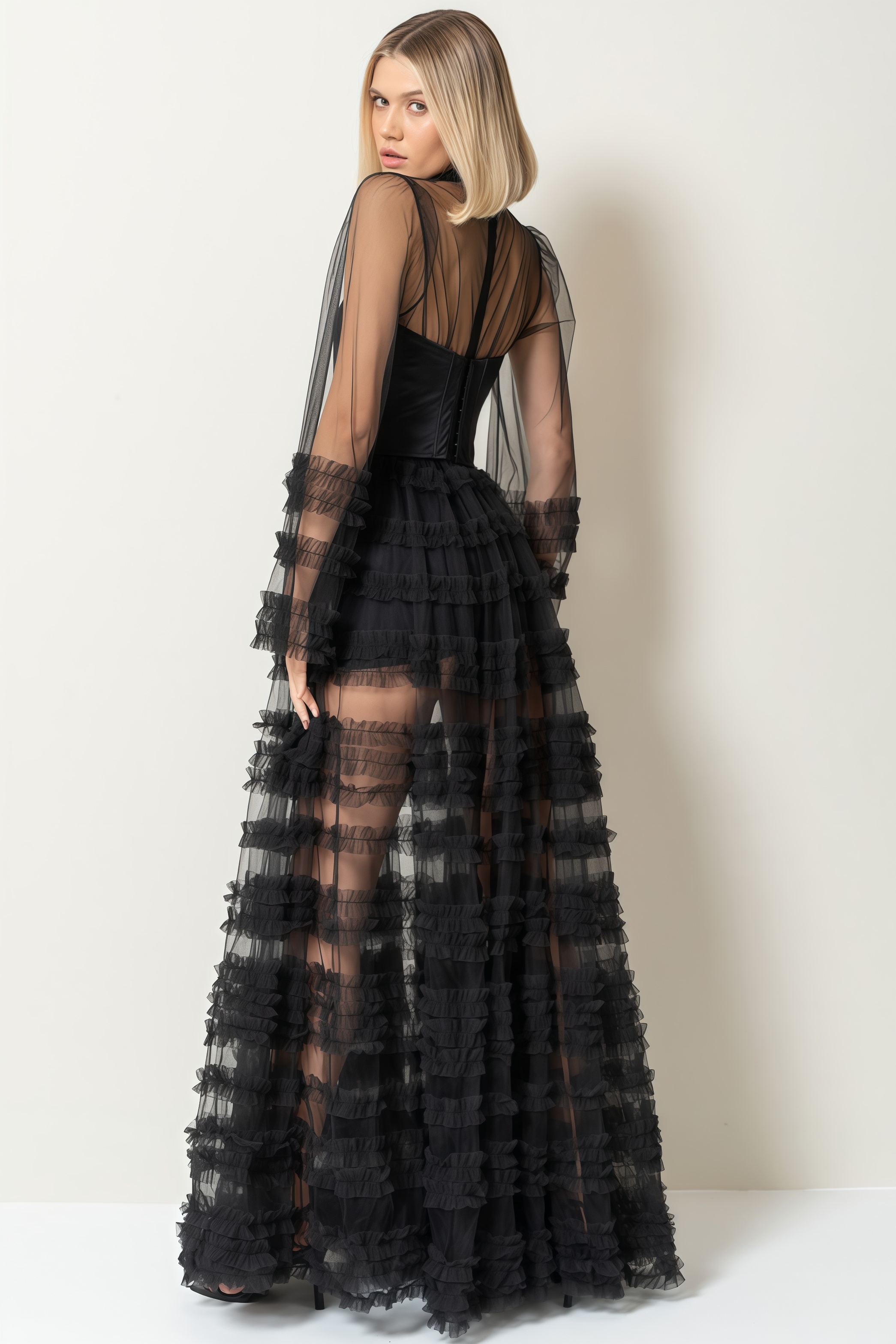 Thora Sheer Black Ruffled Maxi Dress