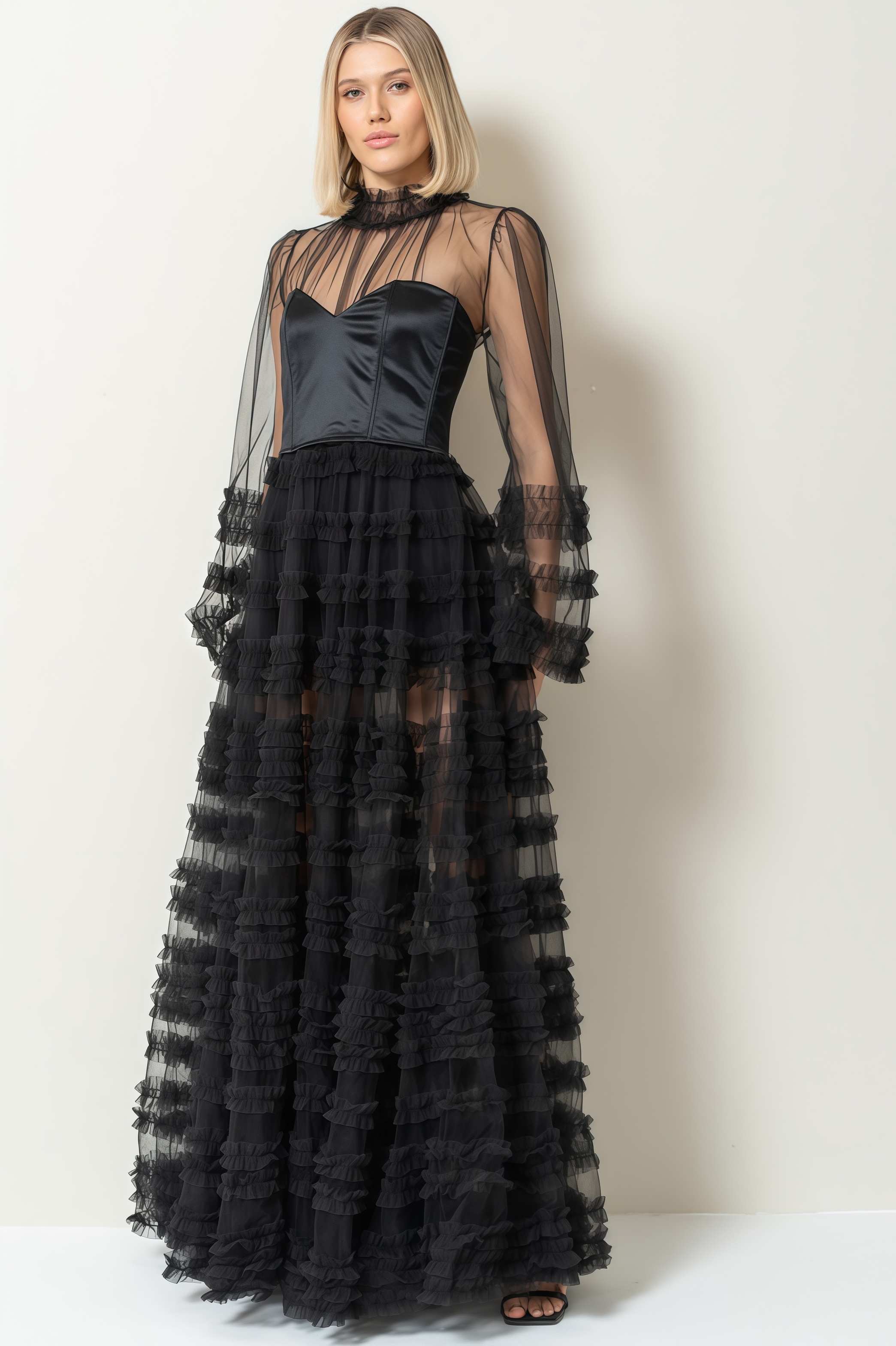 Thora Sheer Black Ruffled Maxi Dress