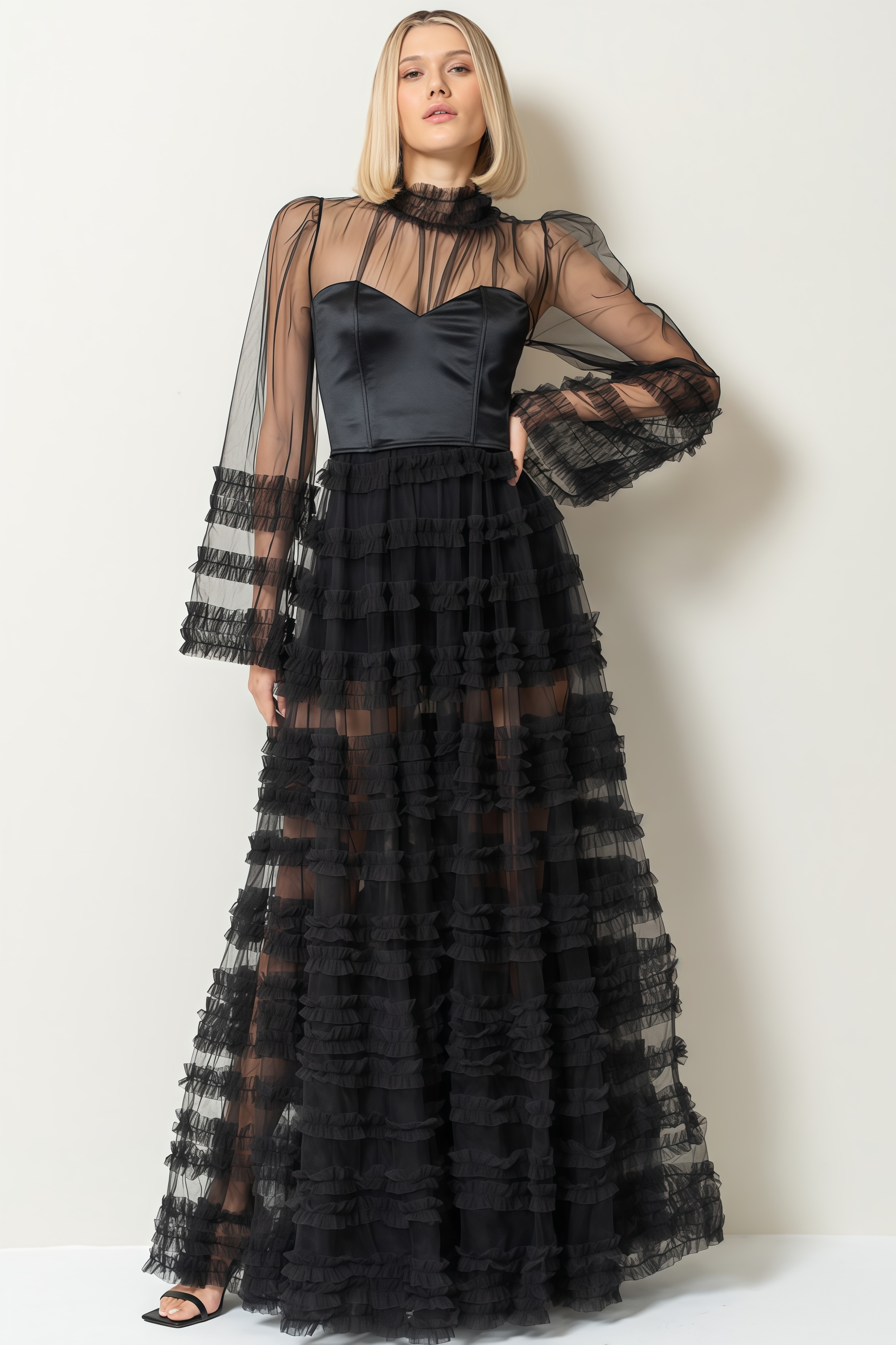 Thora Sheer Black Ruffled Maxi Dress