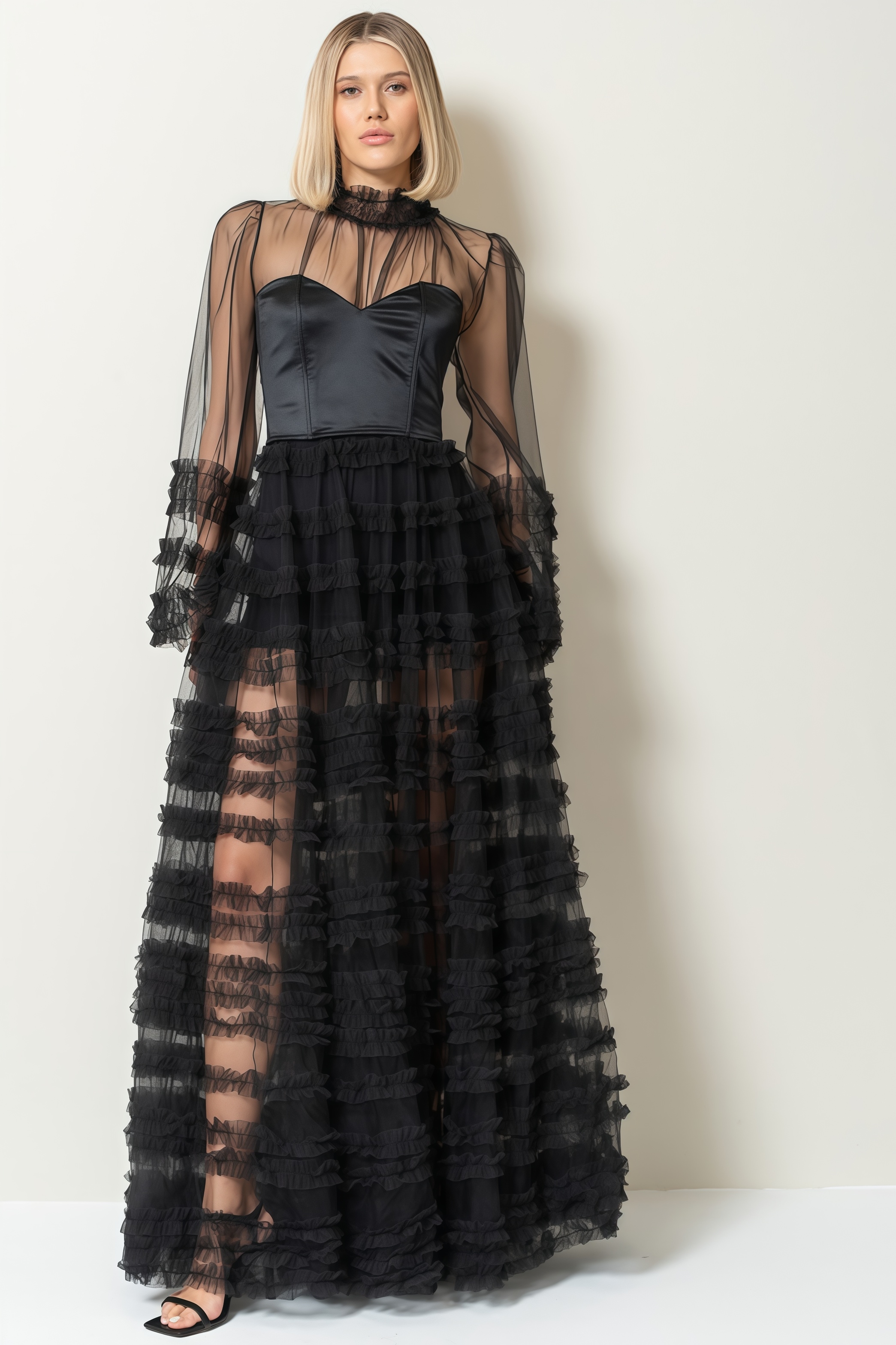 Thora Sheer Black Ruffled Maxi Dress