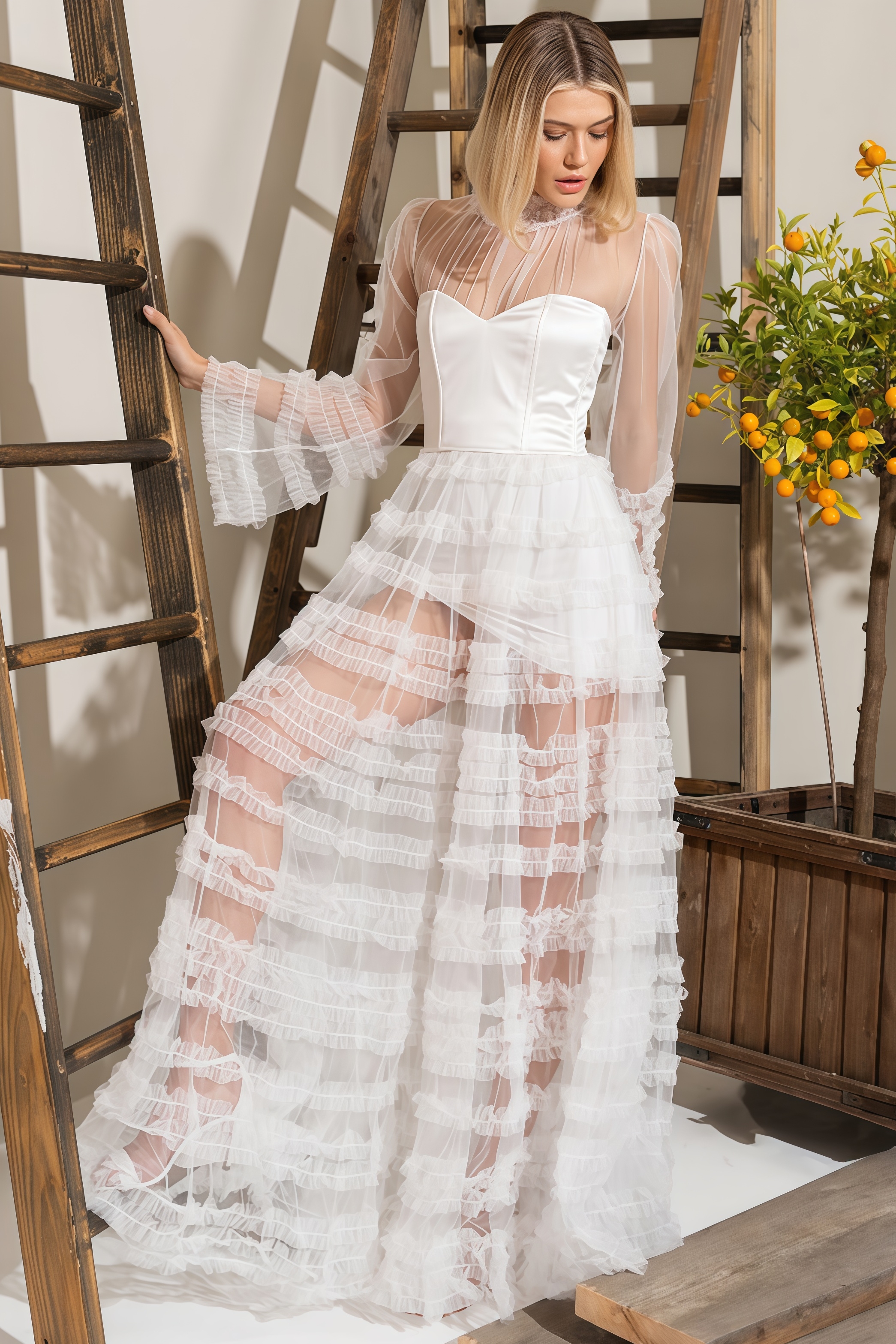 Ulric White Sheer Ruffle Maxi Dress