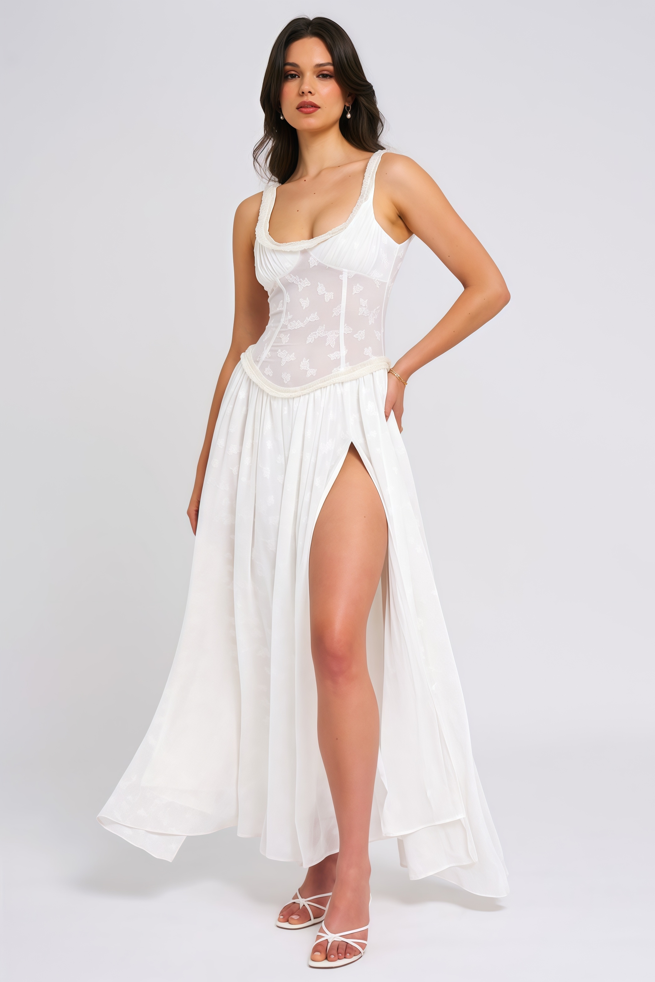 Zaire White Square Neck High Slit Maxi Dress