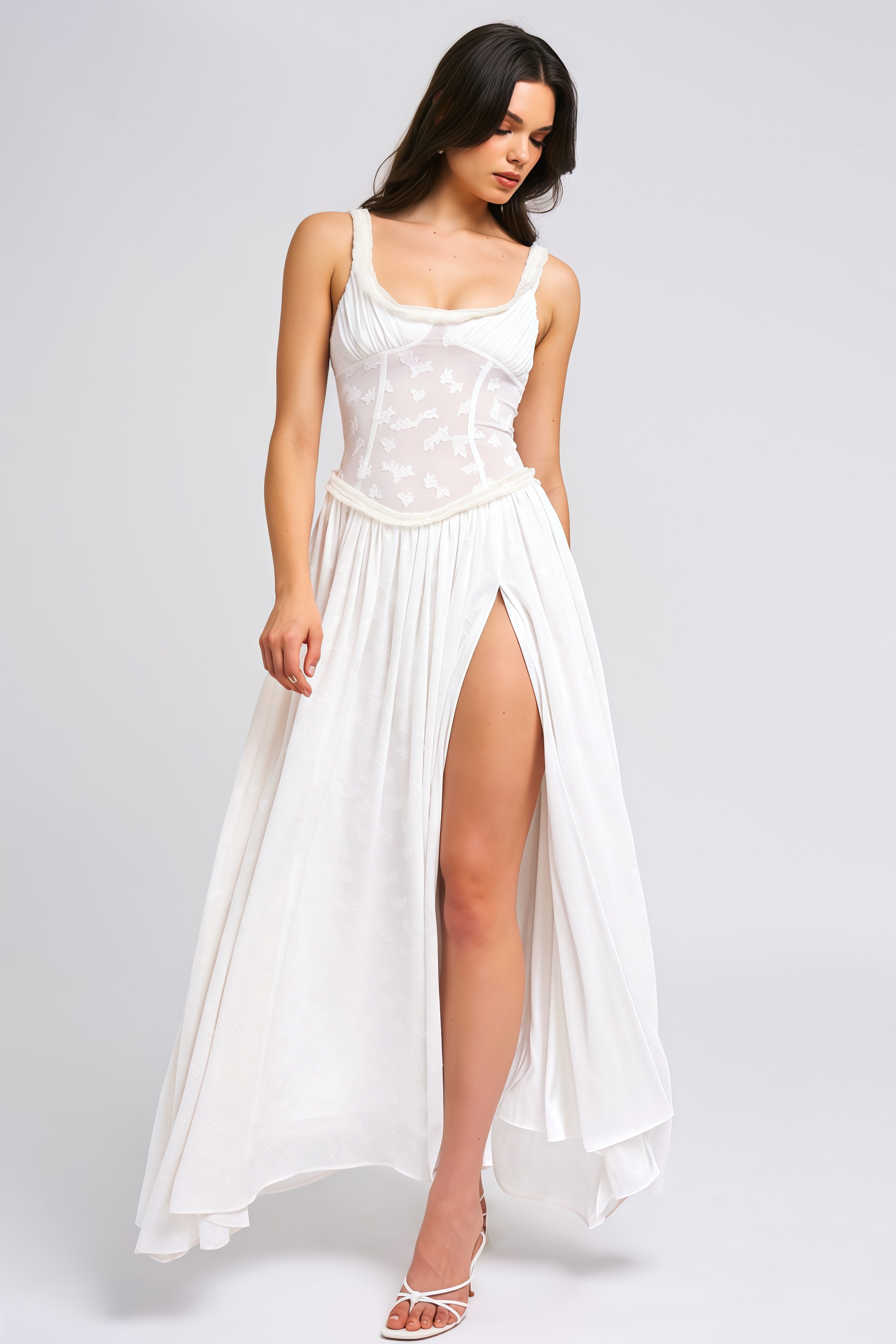 Zaire White Square Neck High Slit Maxi Dress
